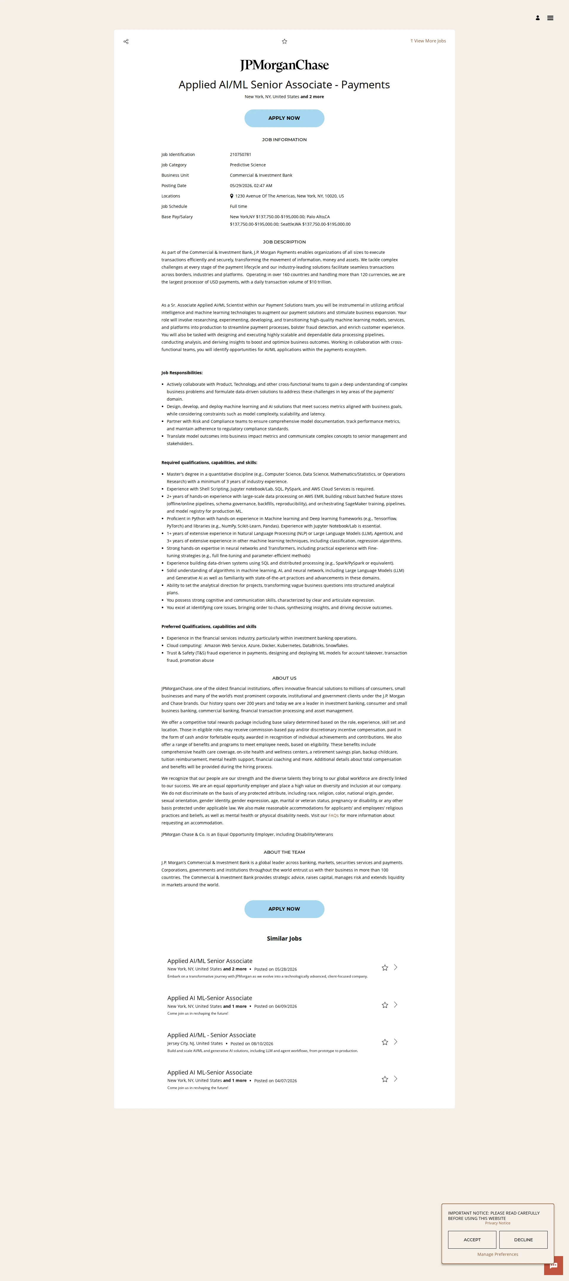 JPMorganChase Applied AI/ML Senior Associate - Payments 채용공고