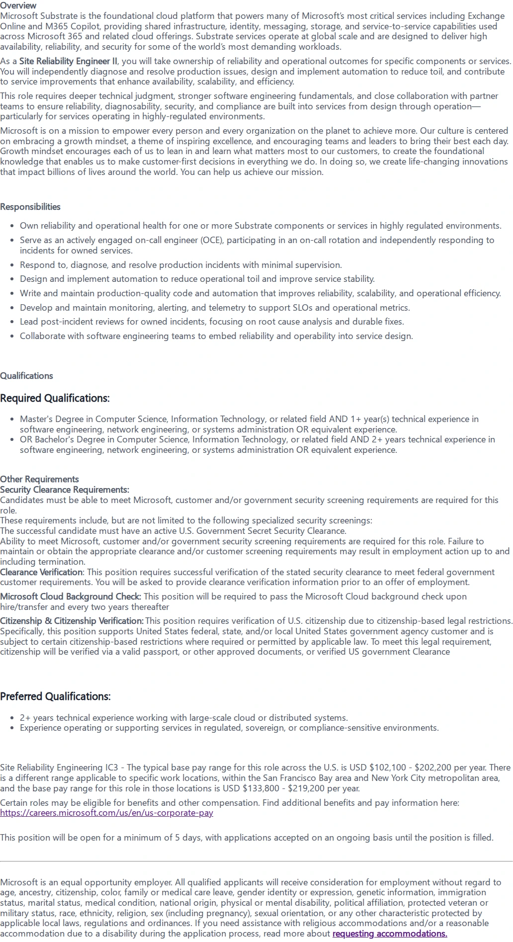 마이크로소프트(Microsoft) Site Reliability Engineer II - CTJ - Secret 채용공고