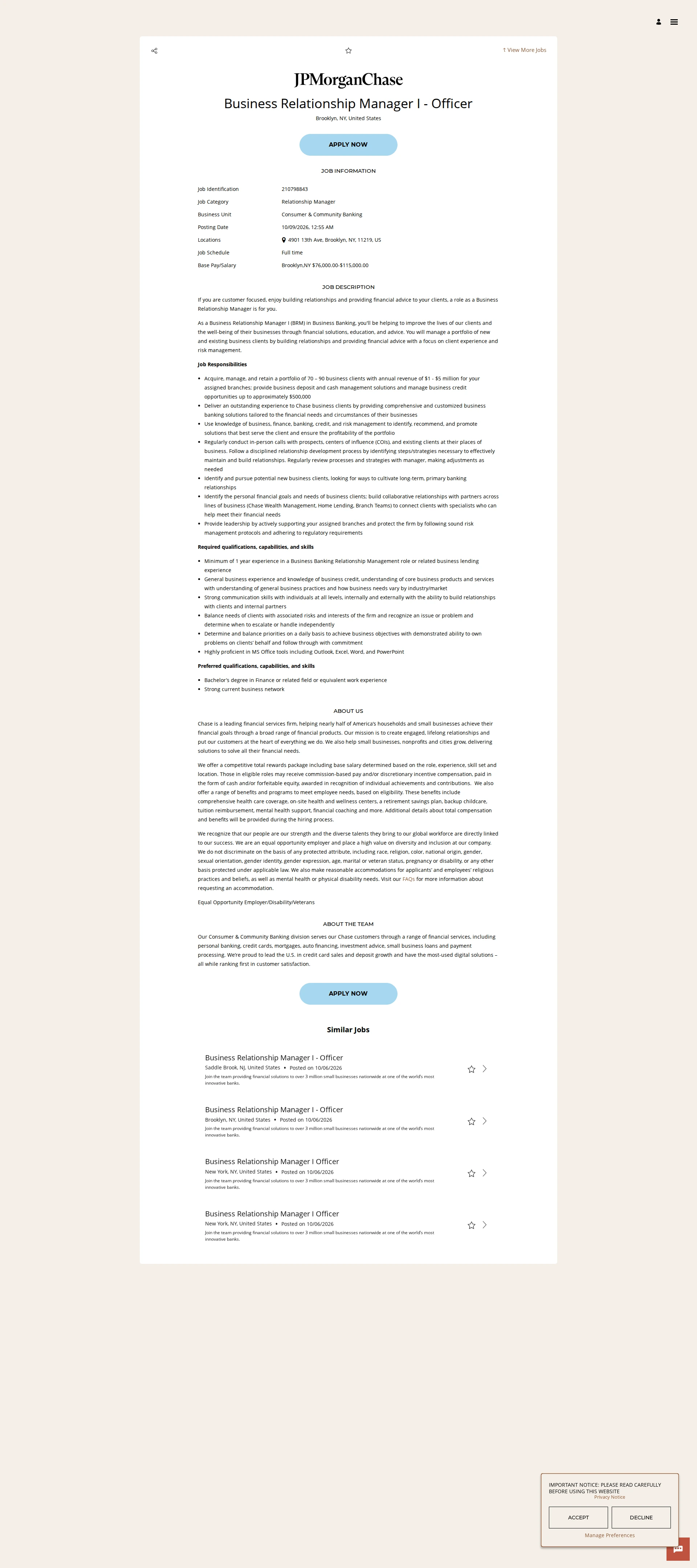 JPMorganChase Business Relationship Manager I - Officer 채용공고