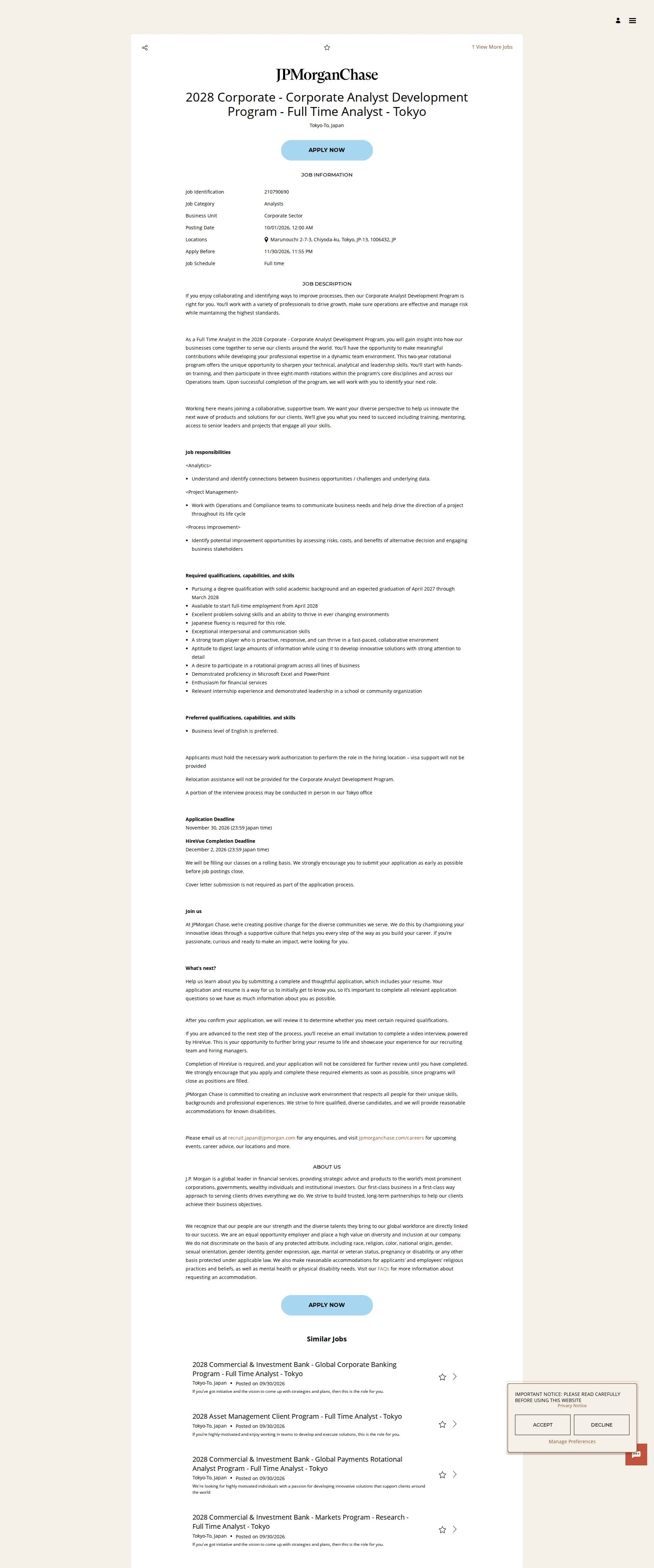 JPMorganChase 2028 Corporate - Corporate Analyst Development Program - Full Time Analyst - Tokyo 채용공고