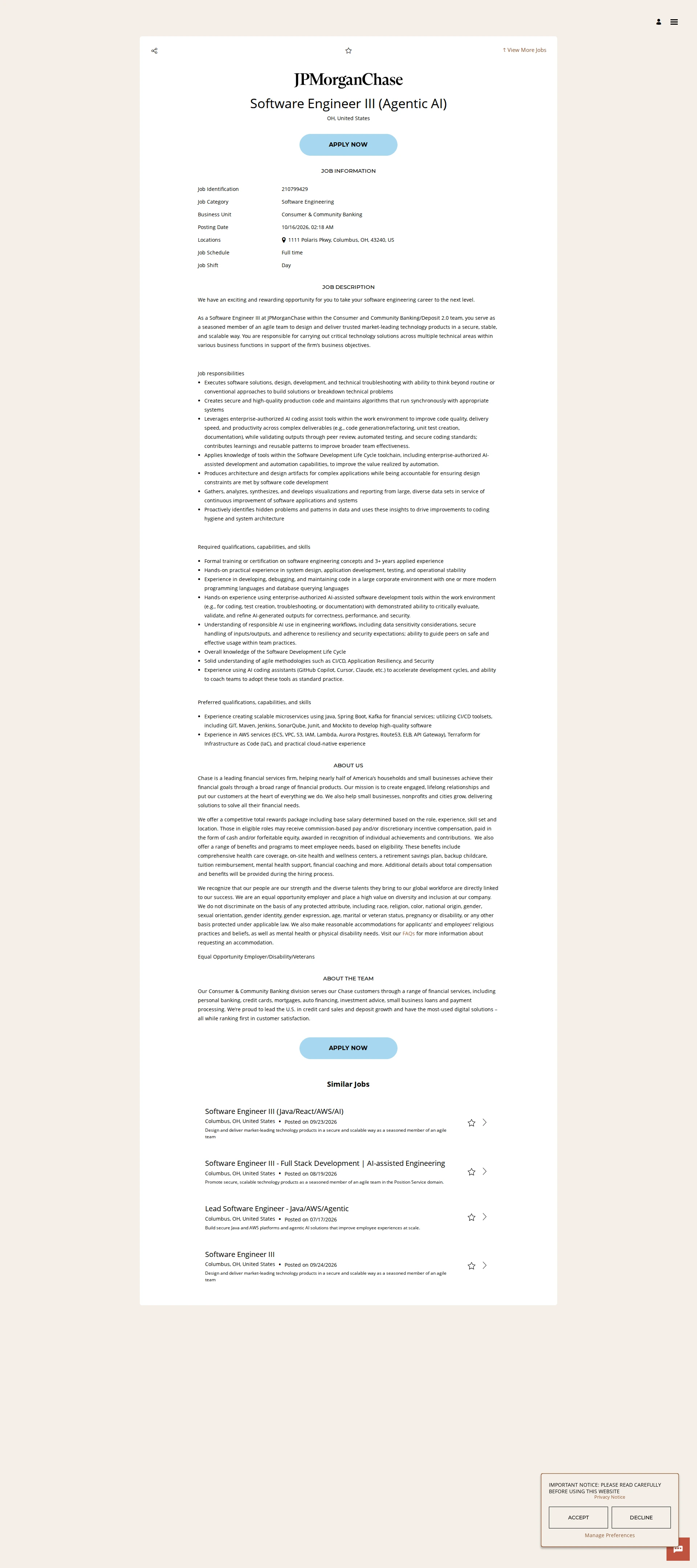 JPMorganChase Software Engineer III (Agentic AI) 채용공고