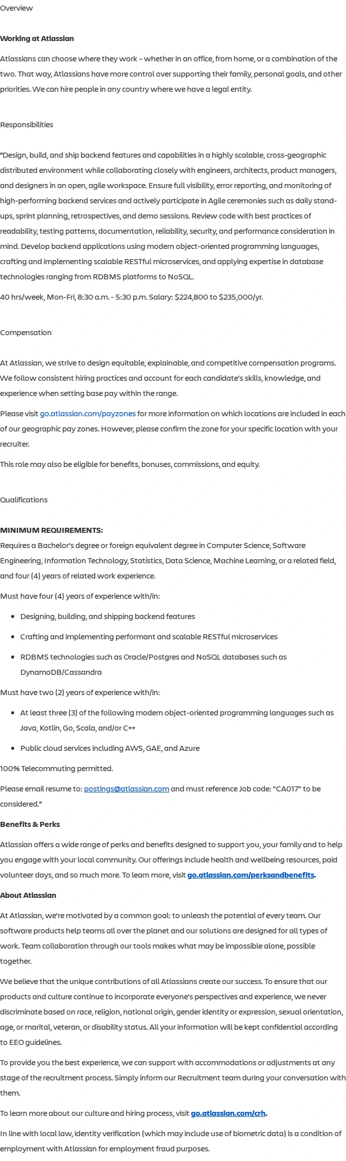 아틀라시안 Senior Backend Software Engineer (Confluence Cloud AI Automation and Search) 채용공고