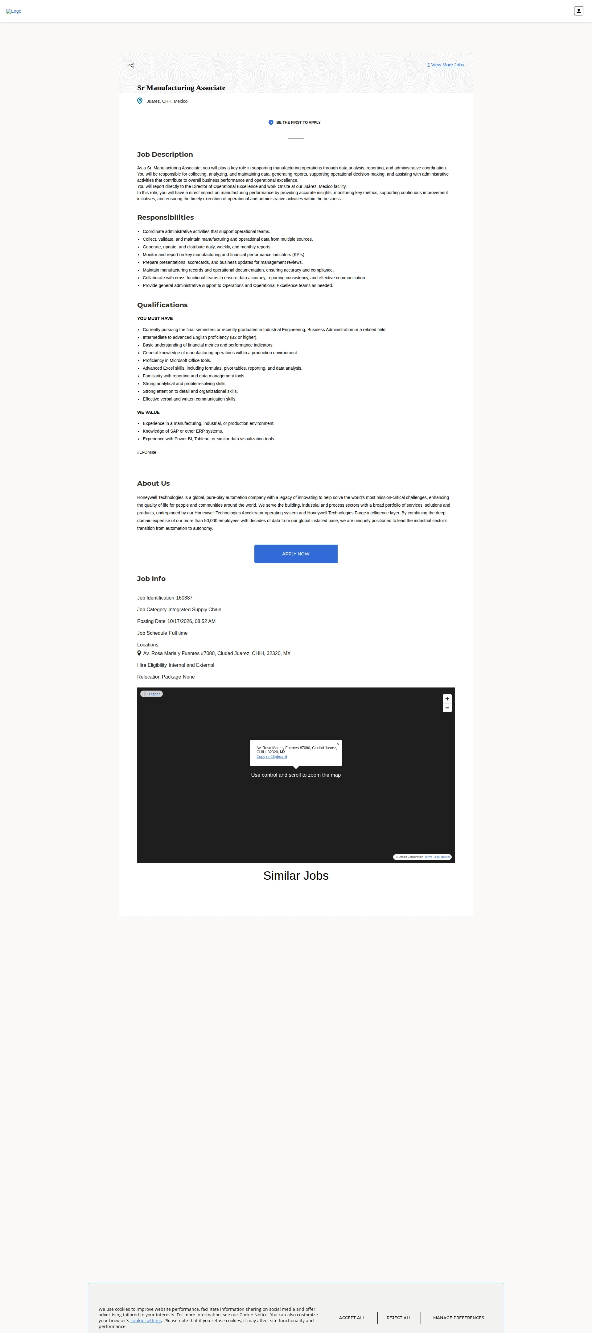 허니웰 Sr Manufacturing Associate 채용공고