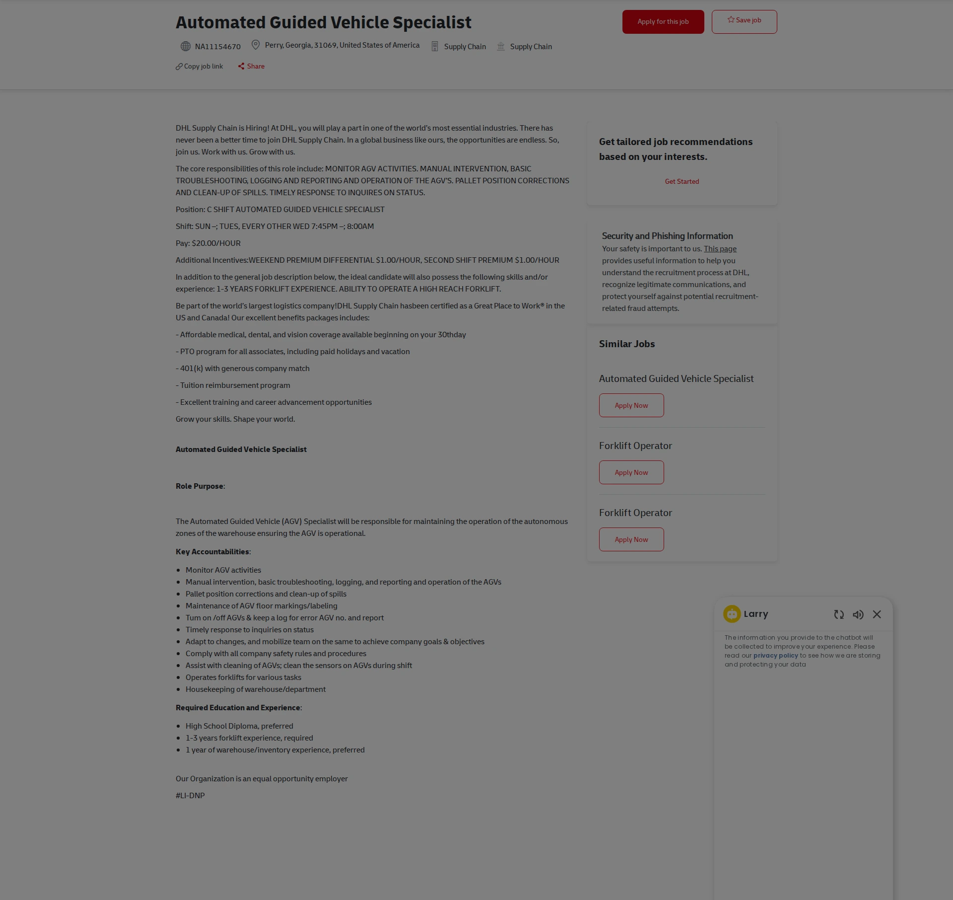 DHL Automated Guided Vehicle Specialist 채용공고
