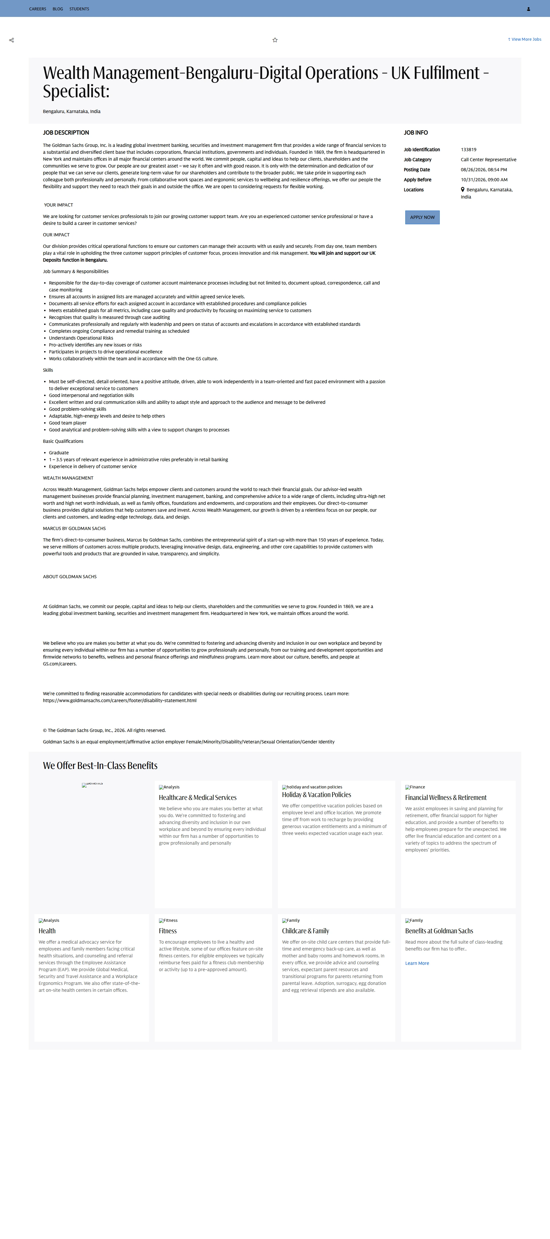 골드만삭스 Wealth Management-Bengaluru-Digital Operations - UK Fulfilment - Specialist: 채용공고
