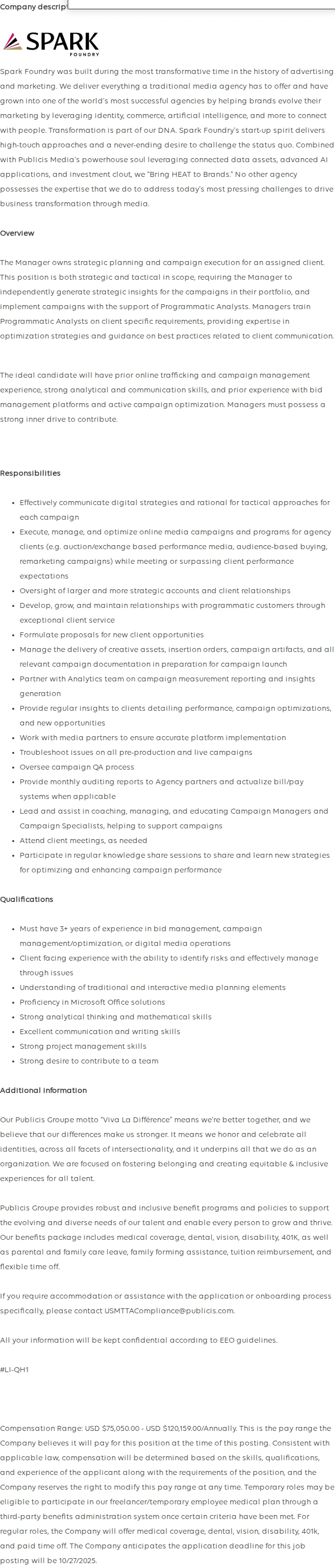 Publicis Groupe Manager, Programmatic 채용공고