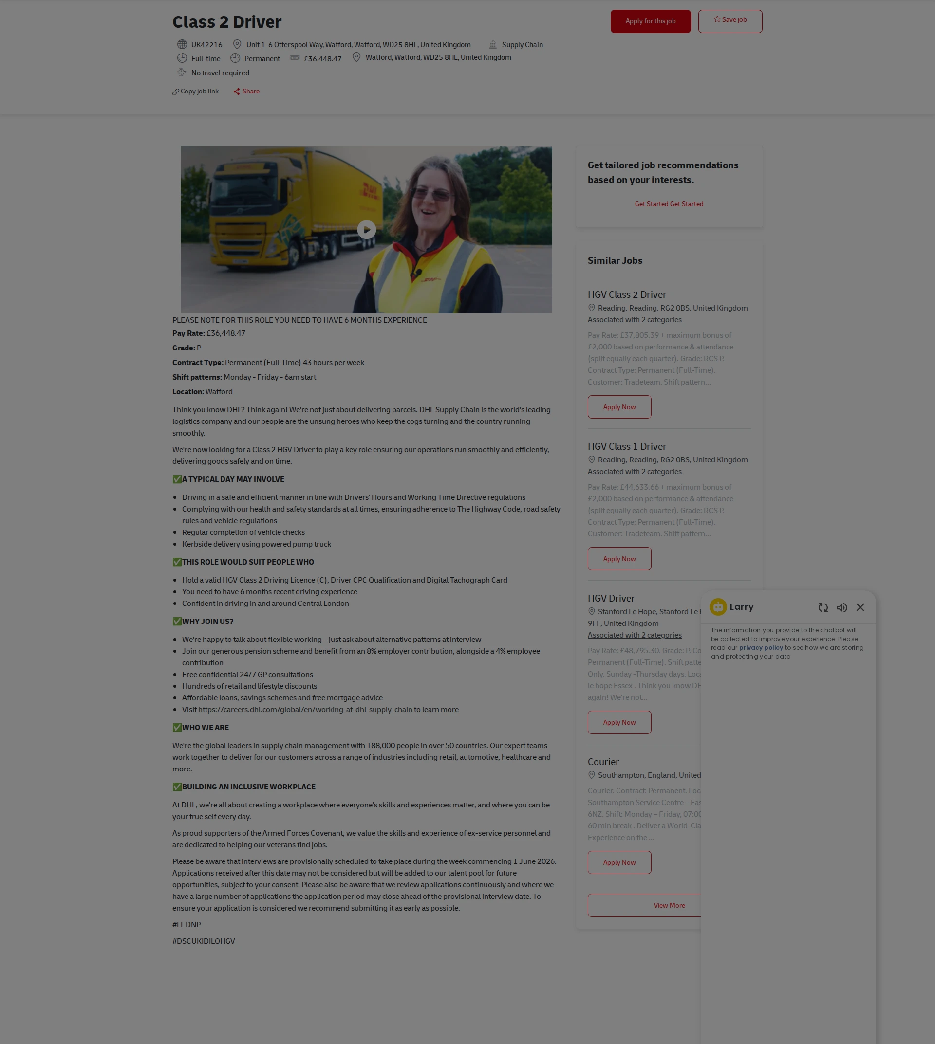 DHL Class 2 Driver 채용공고