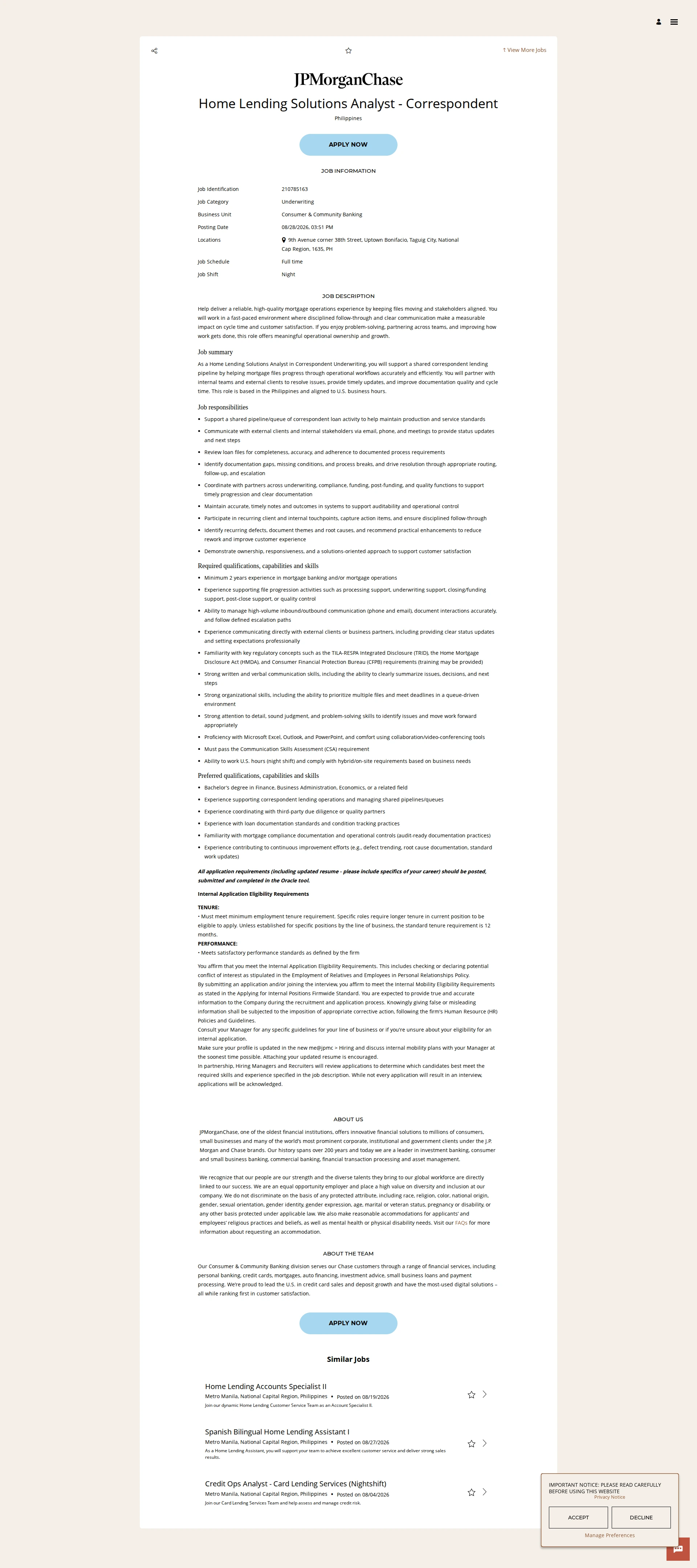 JPMorganChase Home Lending Solutions Analyst - Correspondent 채용공고