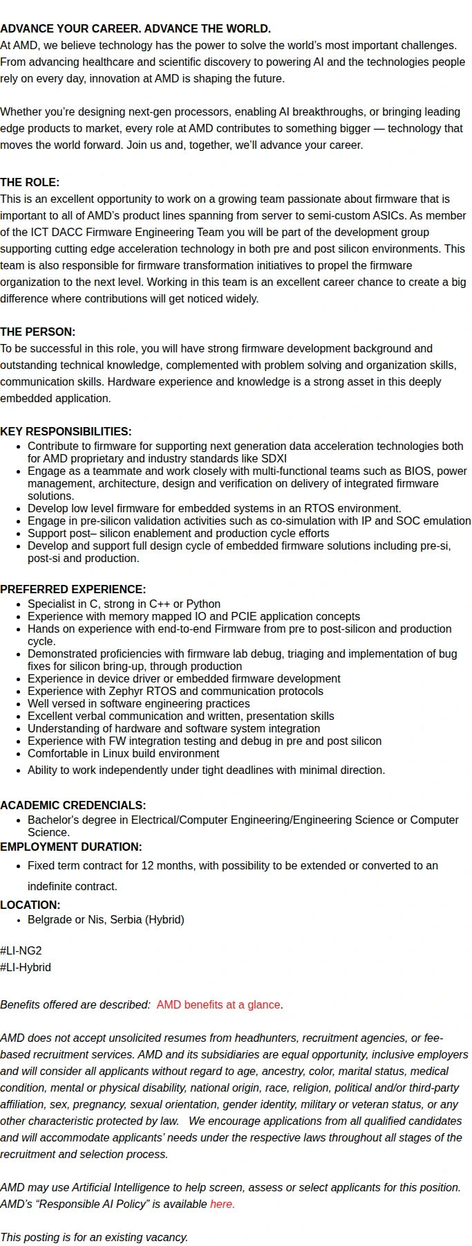 AMD Senior Firmware Engineer - Data Acceleration 채용공고