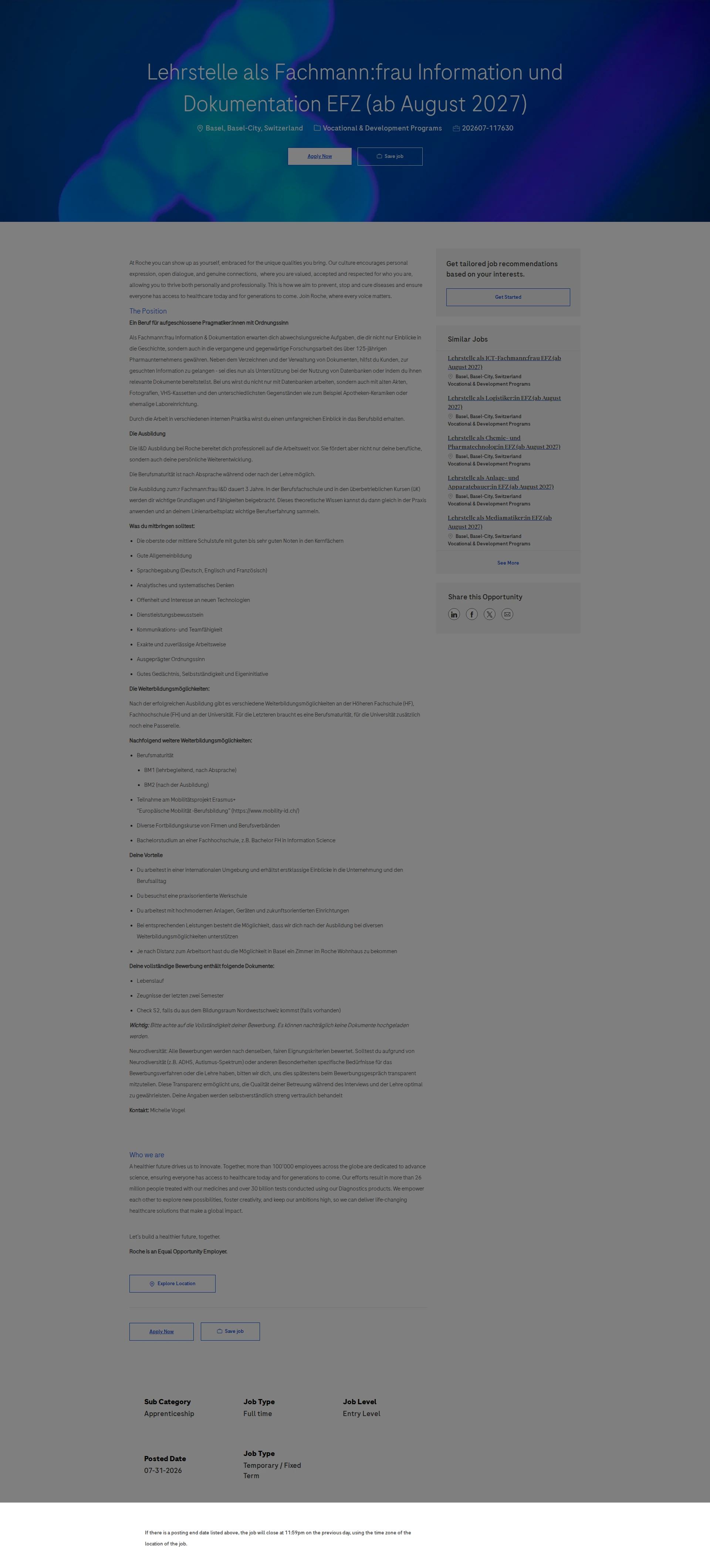 로슈 Lehrstelle als Fachmann:frau Information und Dokumentation EFZ (ab August 2027) 채용공고