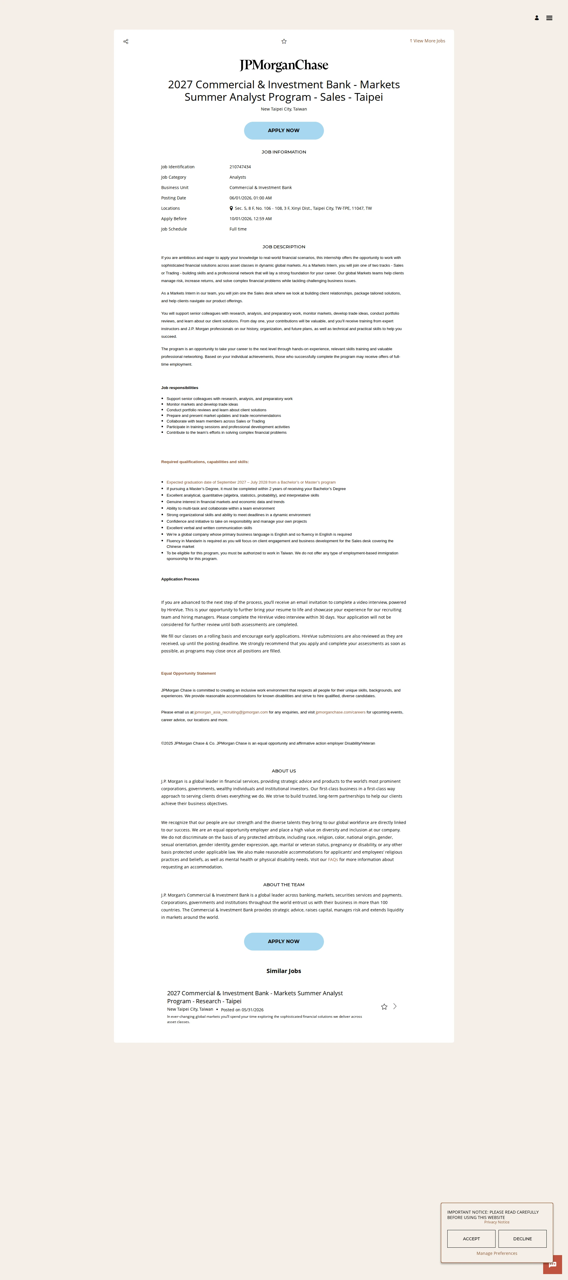 JPMorganChase 2027 Commercial & Investment Bank - Markets Summer Analyst Program - Sales - Taipei 채용공고