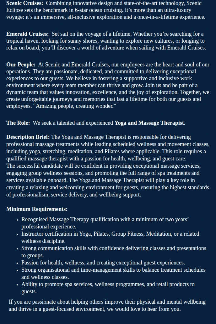 Scenic Tours Europe AG Yoga and Massage Therapist - (Ocean) 채용공고