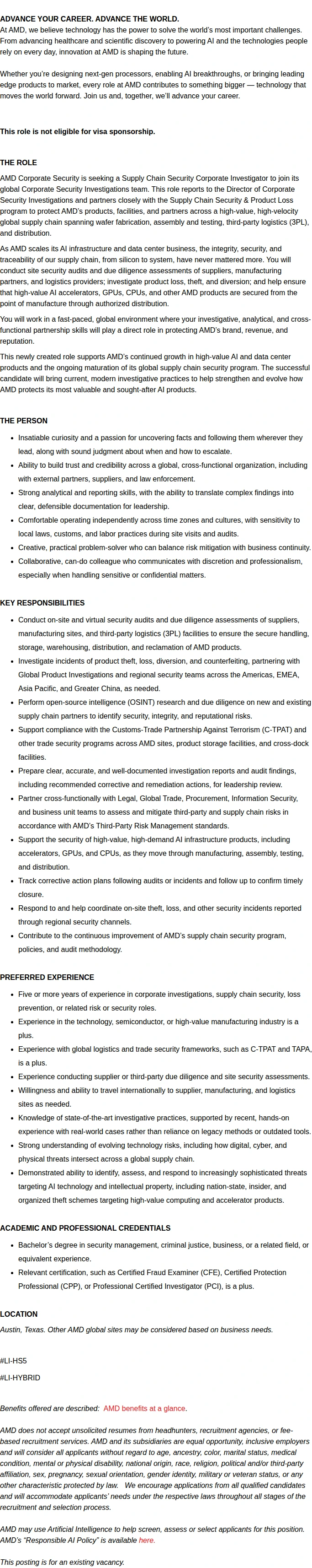 AMD Supply Chain Security Manager 채용공고