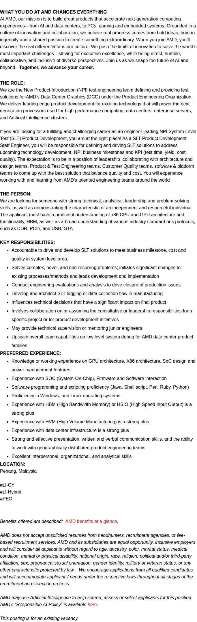 AMD Staff Product Development Engineer (System Level Test) 채용공고