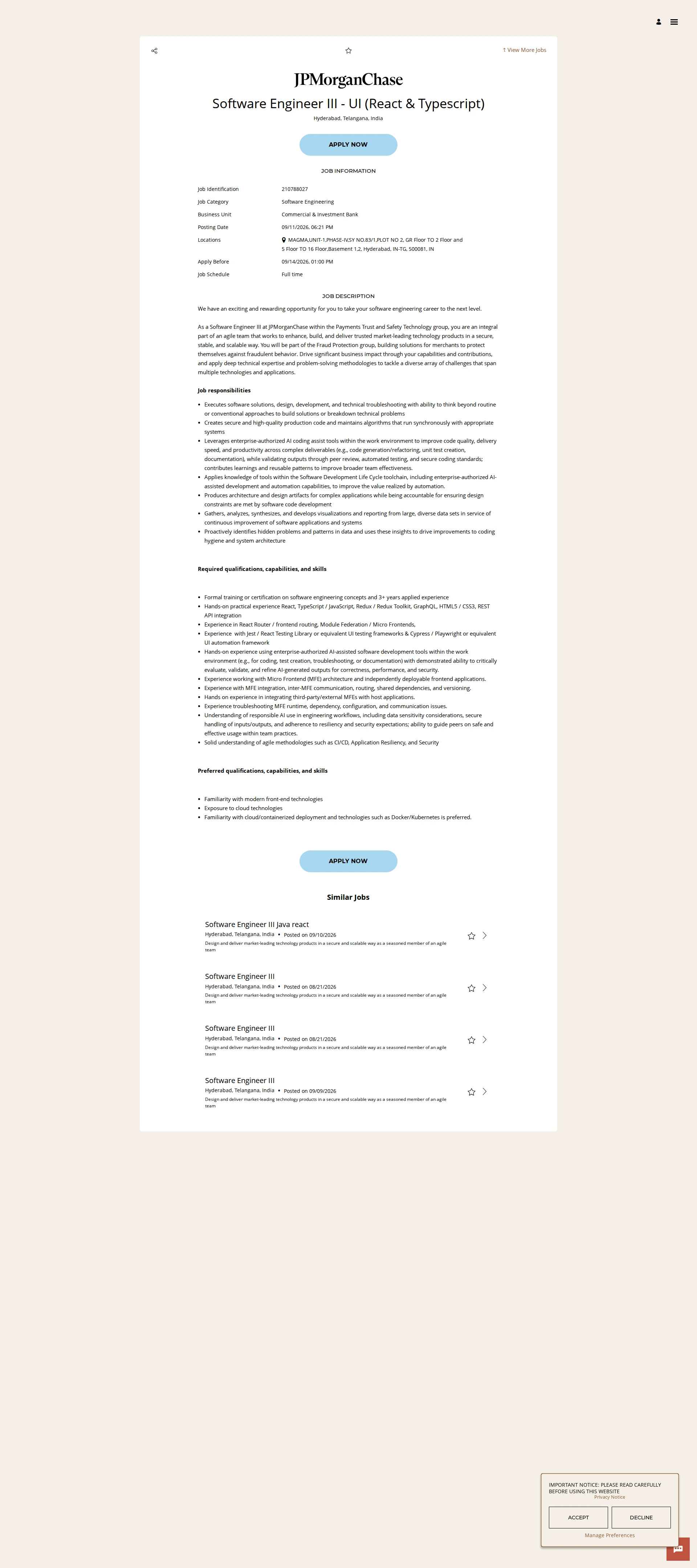 JPMorganChase Software Engineer III - UI (React & Typescript) 채용공고
