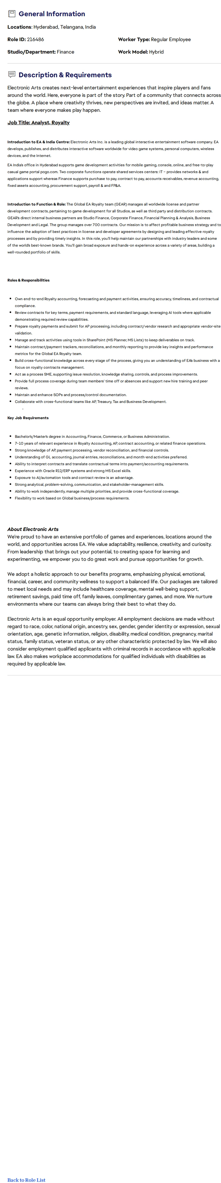 ElectronicArts Royalty Contract Services Specialist 채용공고