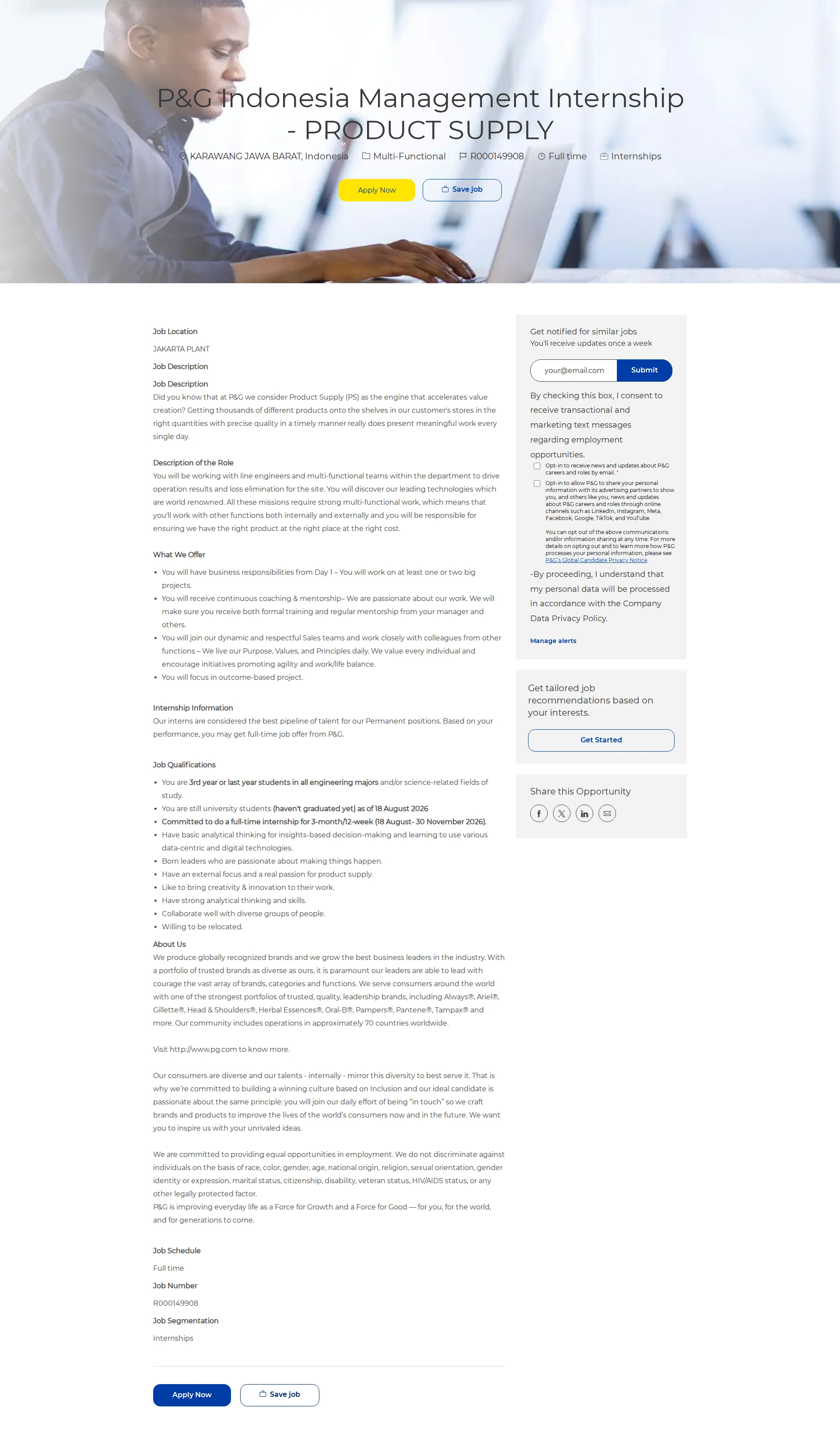P&G P&G Indonesia Management Internship - PRODUCT SUPPLY 채용공고