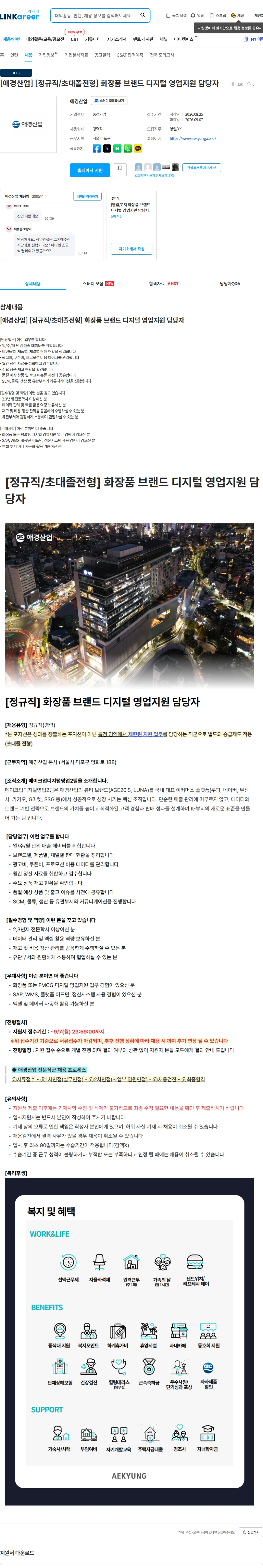 애경산업 [애경산업] [정규직/초대졸전형] 화장품 브랜드 디지털 영업지원 담당자 채용공고