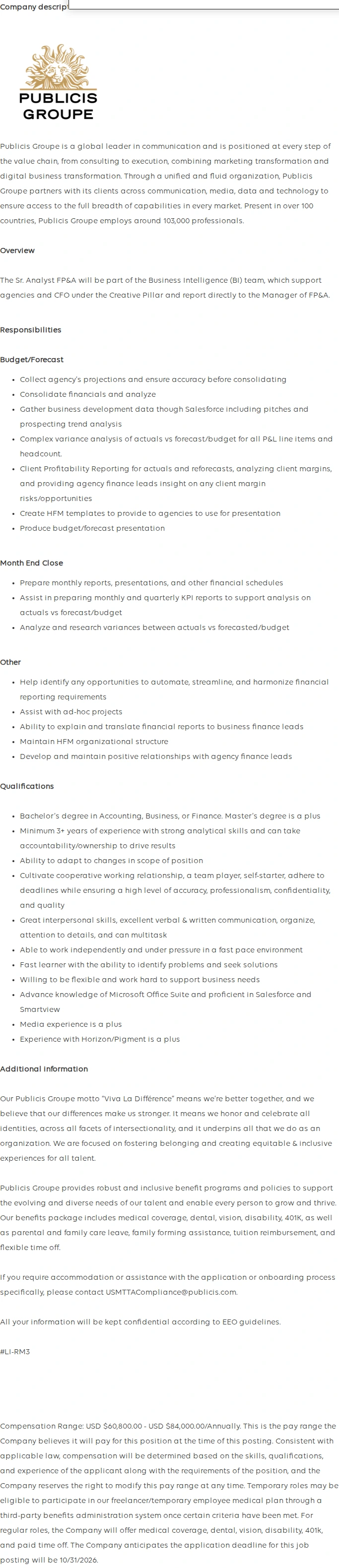 Publicis Groupe Senior Analyst, Financial Planning and Analysis 채용공고