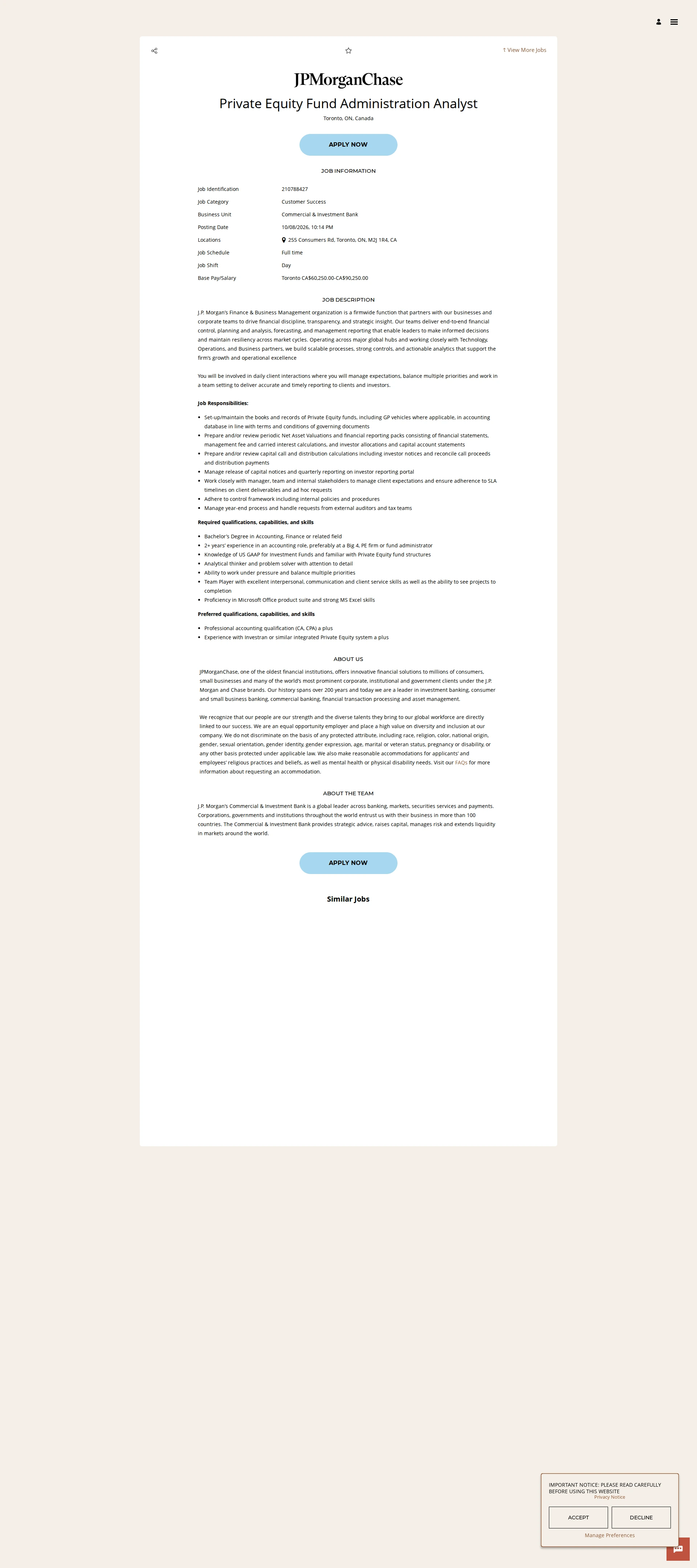 JPMorganChase Private Equity Fund Administration Analyst 채용공고