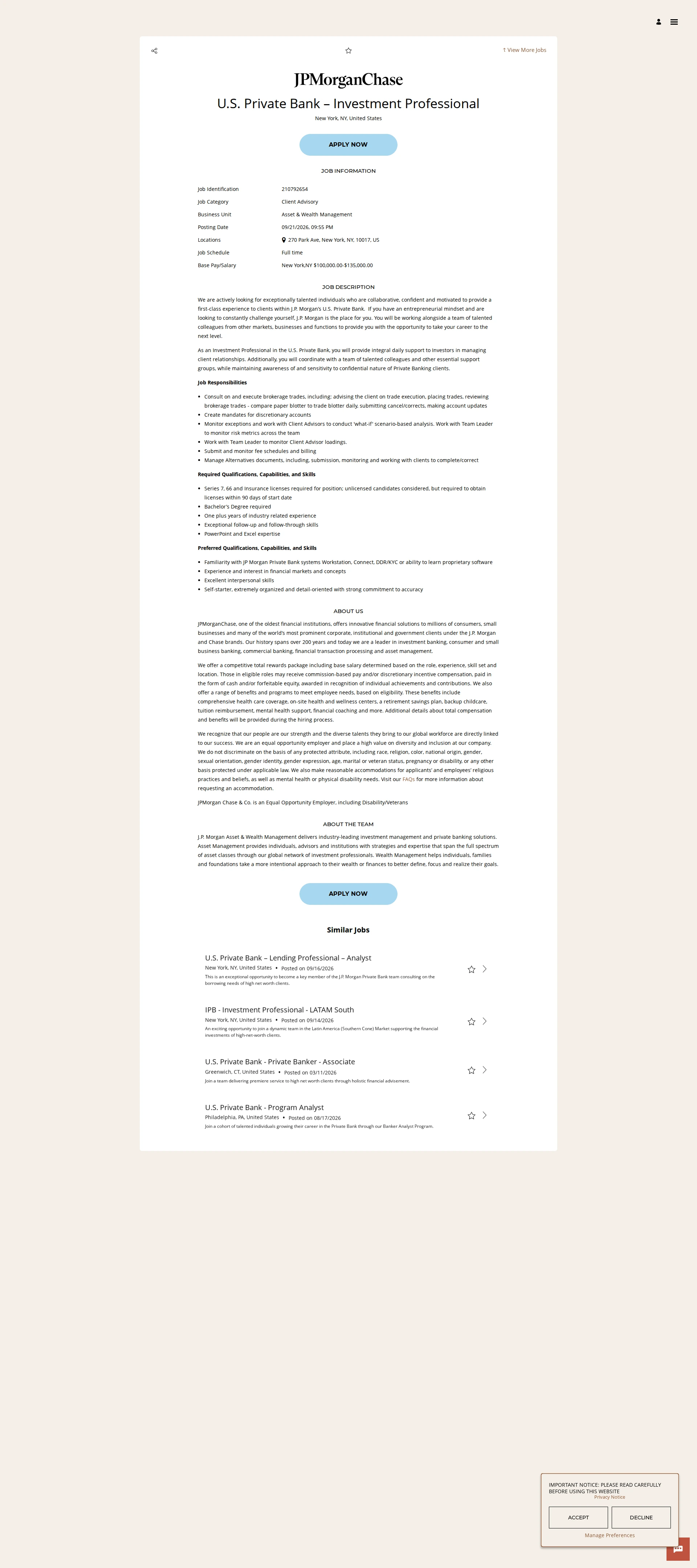 JPMorganChase U.S. Private Bank – Investment Professional 채용공고