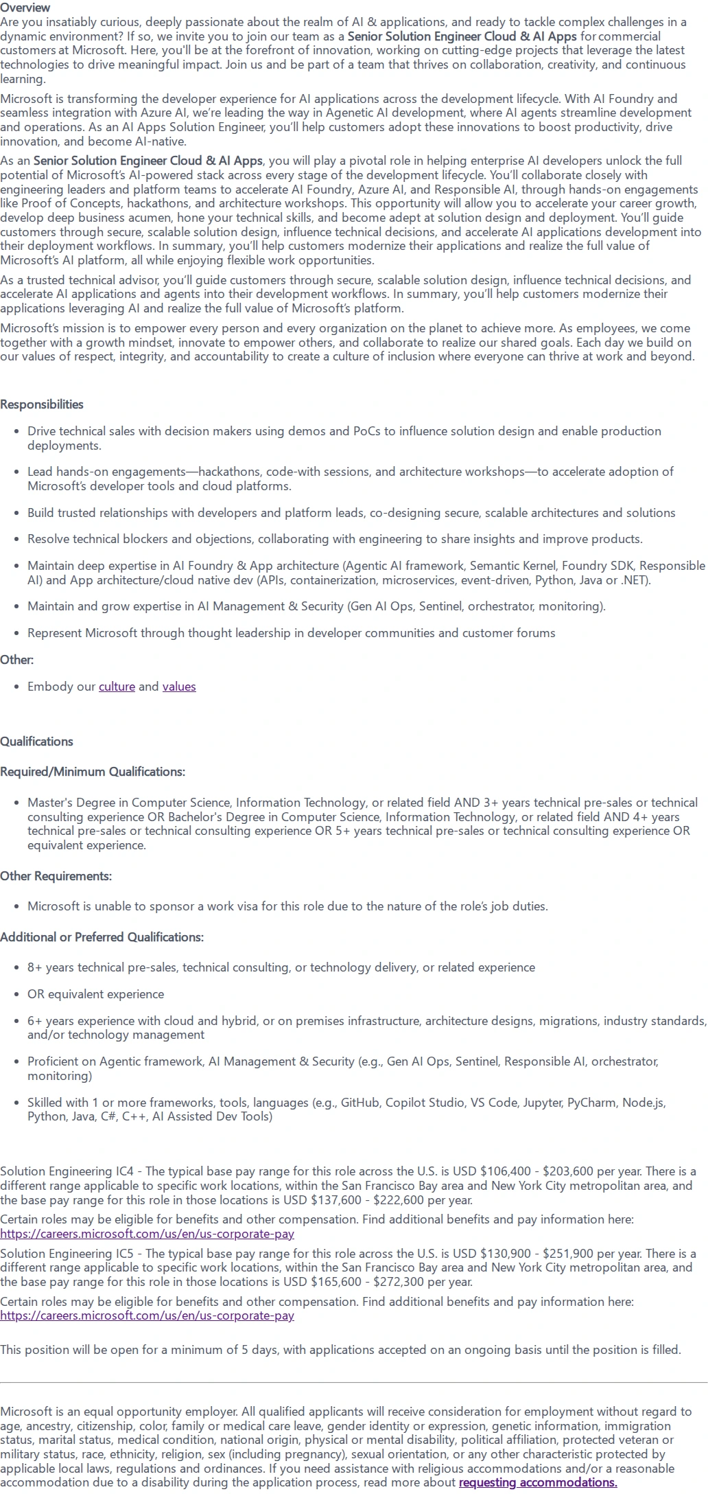 마이크로소프트(Microsoft) Senior Solution Engineer - Cloud & AI Applications 채용공고