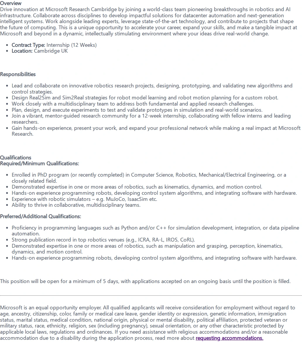 마이크로소프트(Microsoft) Cambridge Internship Program - Robotics Systems and Control 채용공고