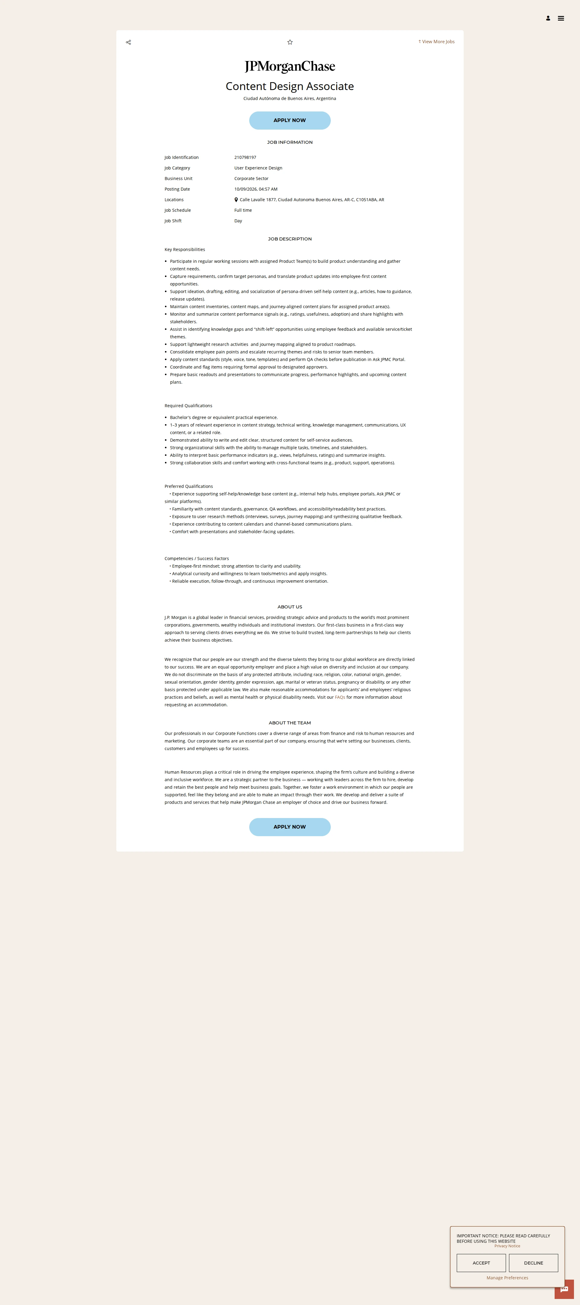 JPMorganChase Content Design Associate 채용공고