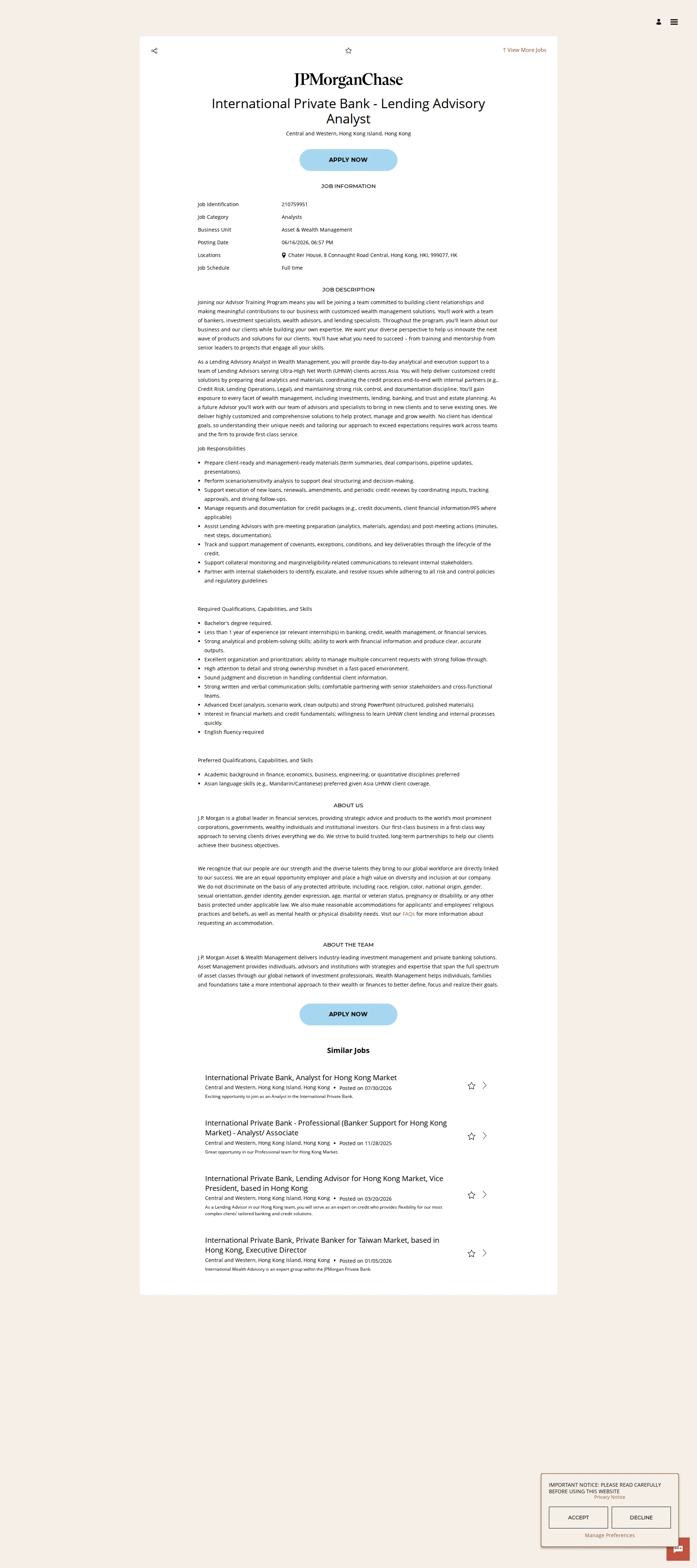 JPMorganChase International Private Bank - Lending Advisory Analyst 채용공고