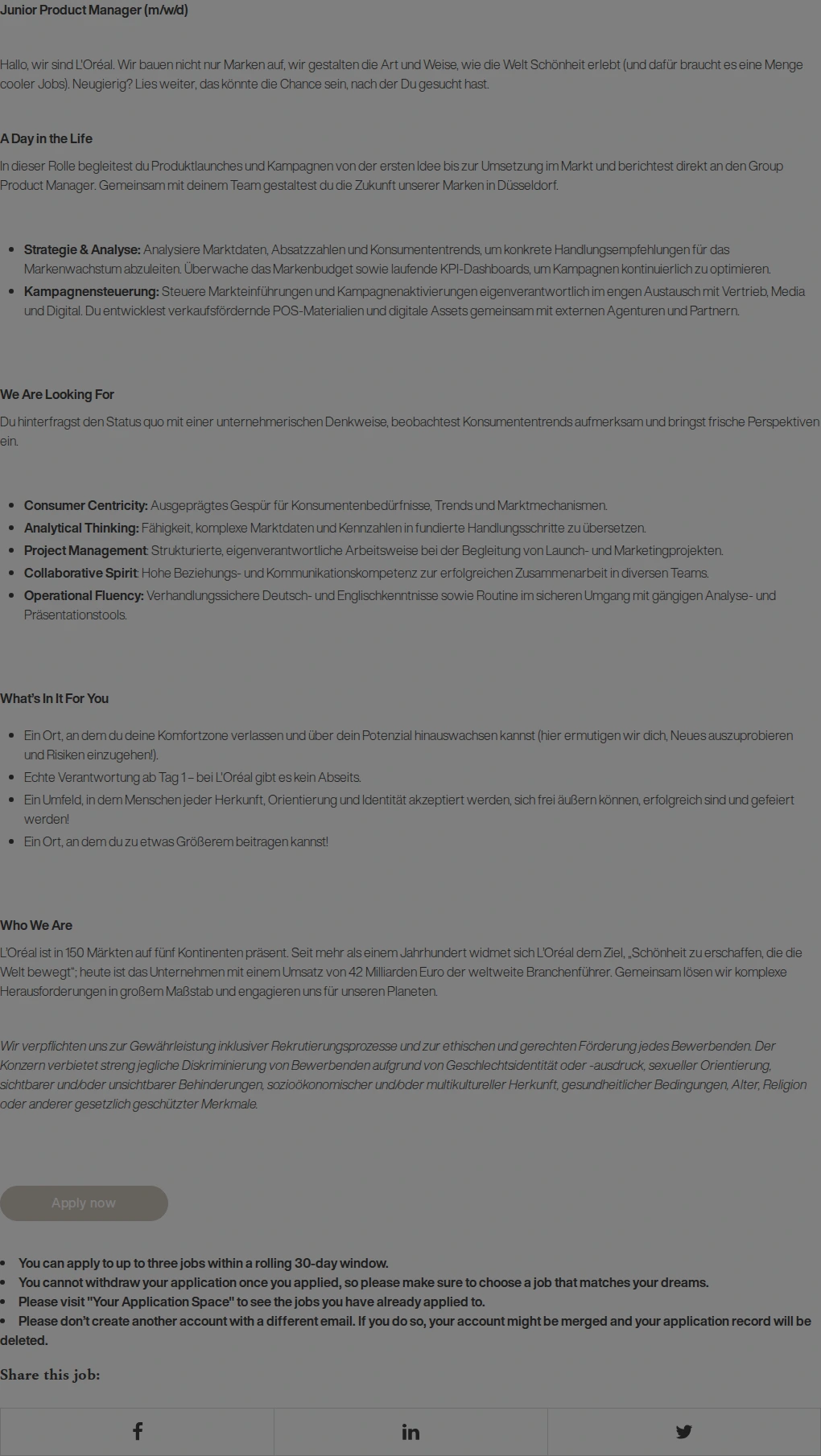 로레알(L'Oreal) Junior Product Manager (m/w/d) Standort Düsseldorf 채용공고