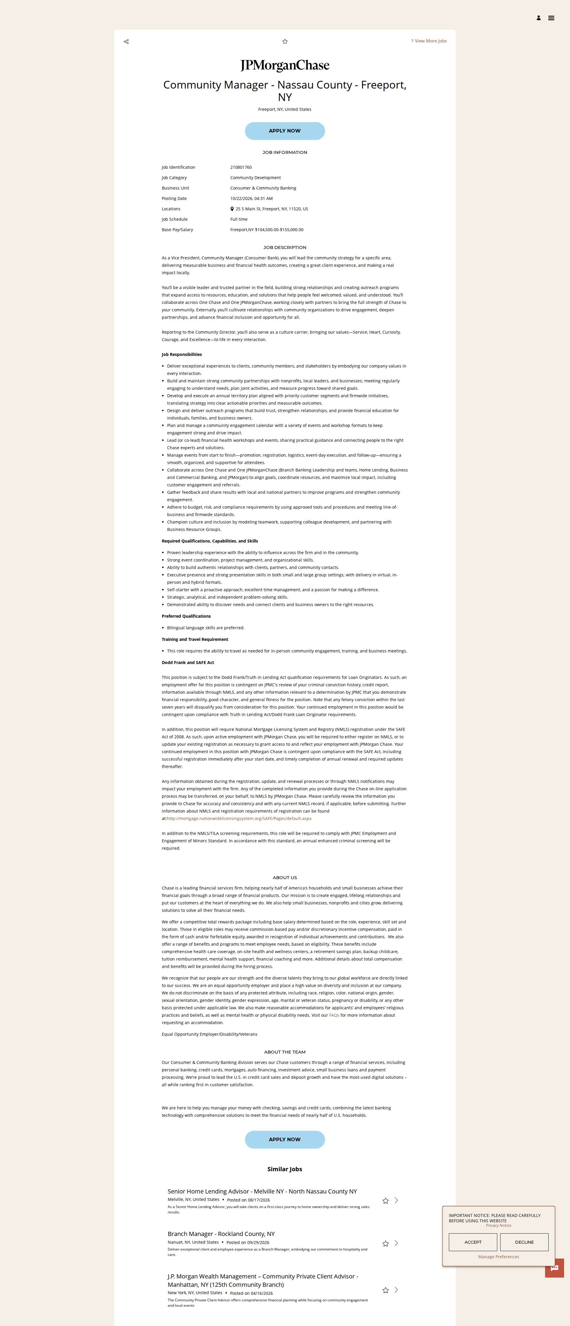 JPMorganChase Community Manager - Nassau County - Freeport, NY 채용공고