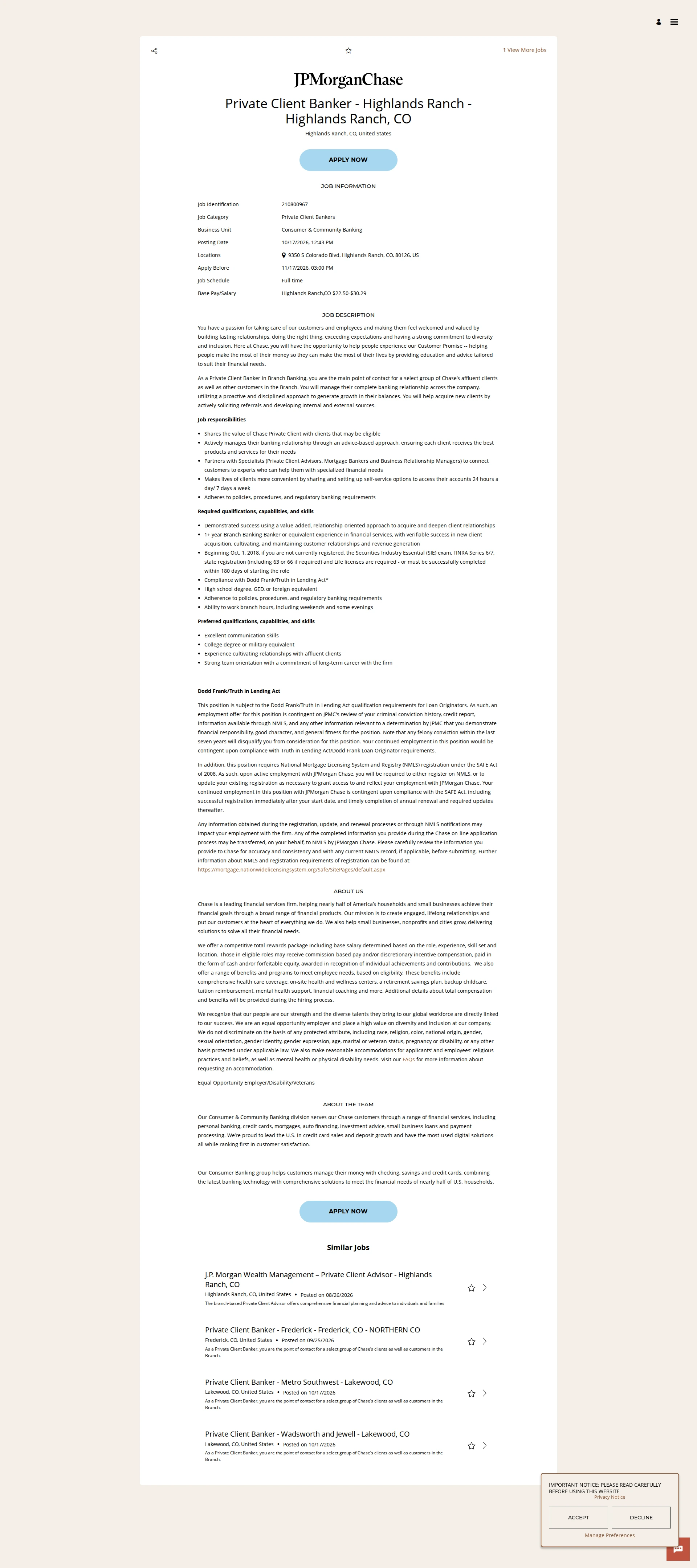 JPMorganChase Private Client Banker - Highlands Ranch - Highlands Ranch, CO 채용공고