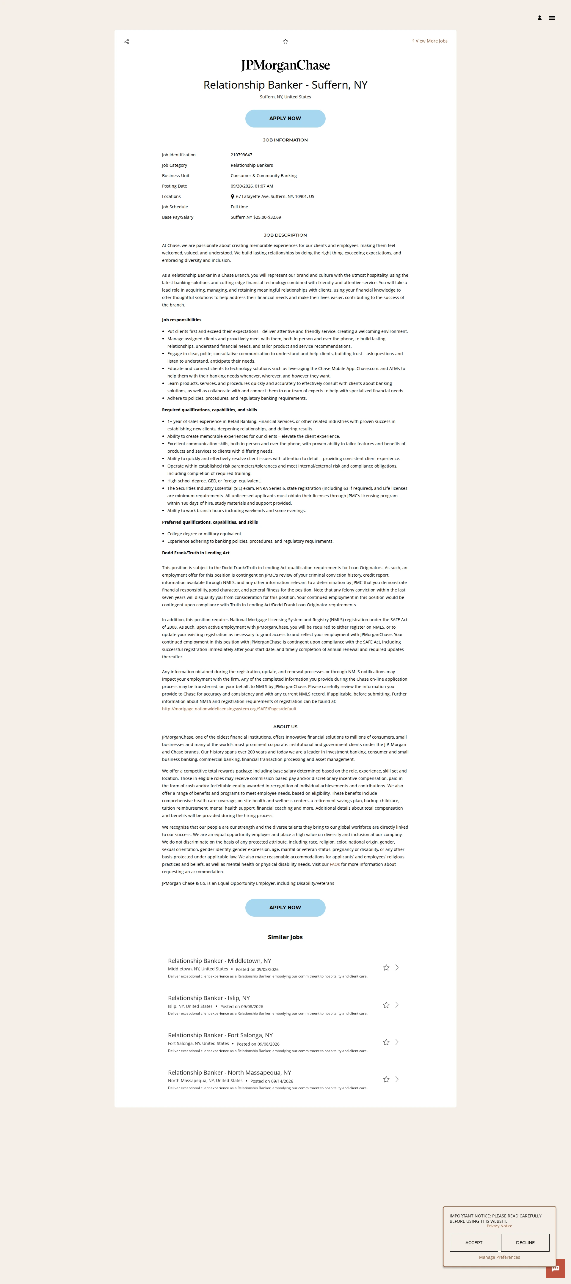 JPMorganChase Relationship Banker - Suffern, NY 채용공고