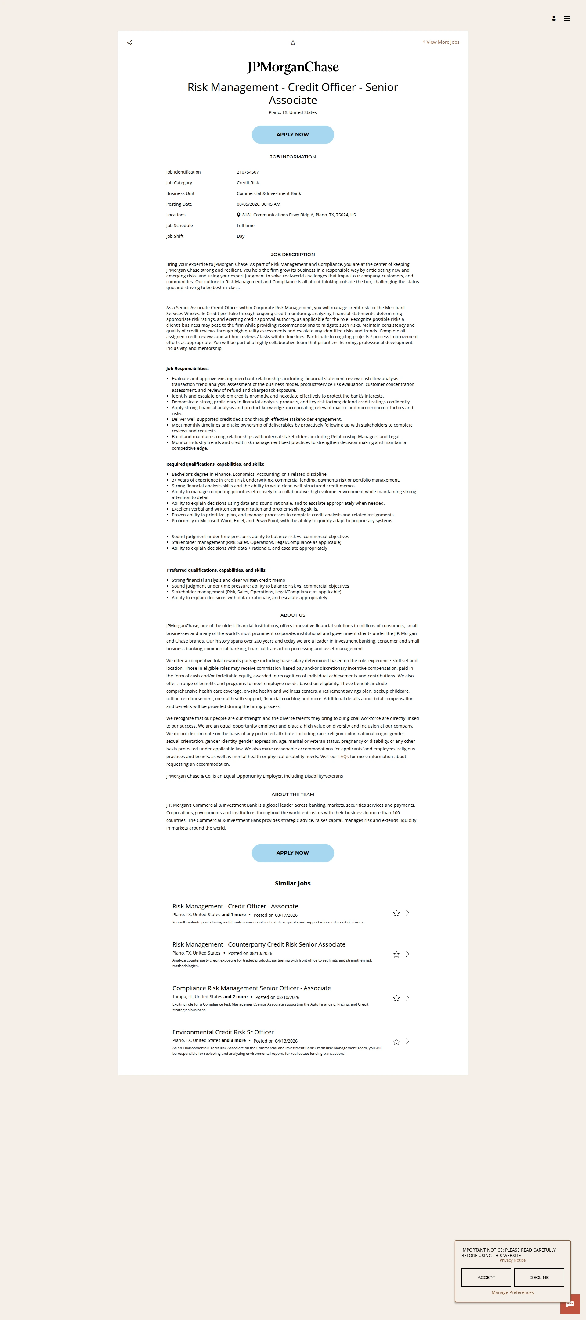 JPMorganChase Risk Management - Credit Officer - Senior Associate 채용공고
