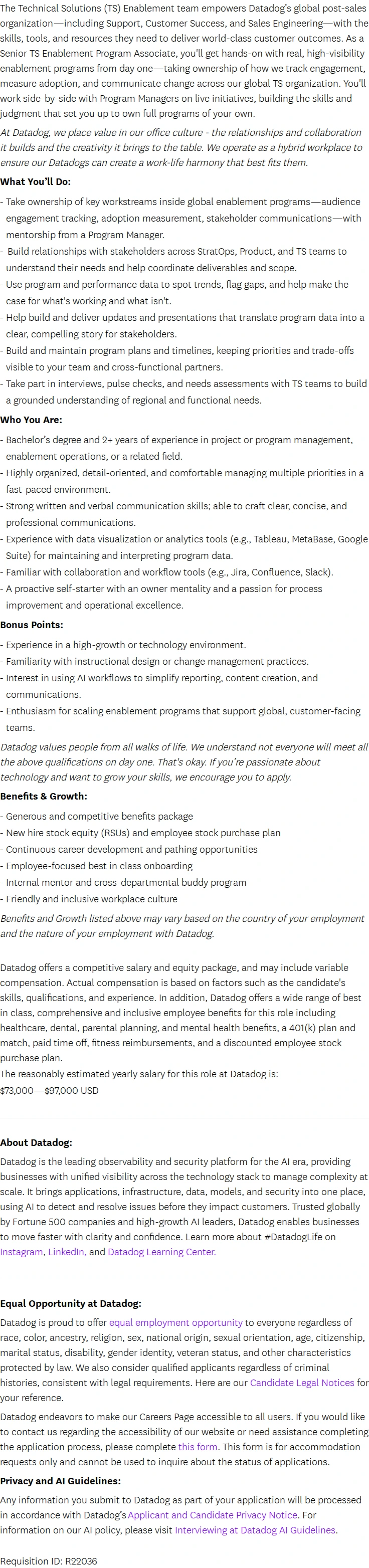 데이터독 Senior Enablement Program Associate - Technical Solutions Enablement 채용공고