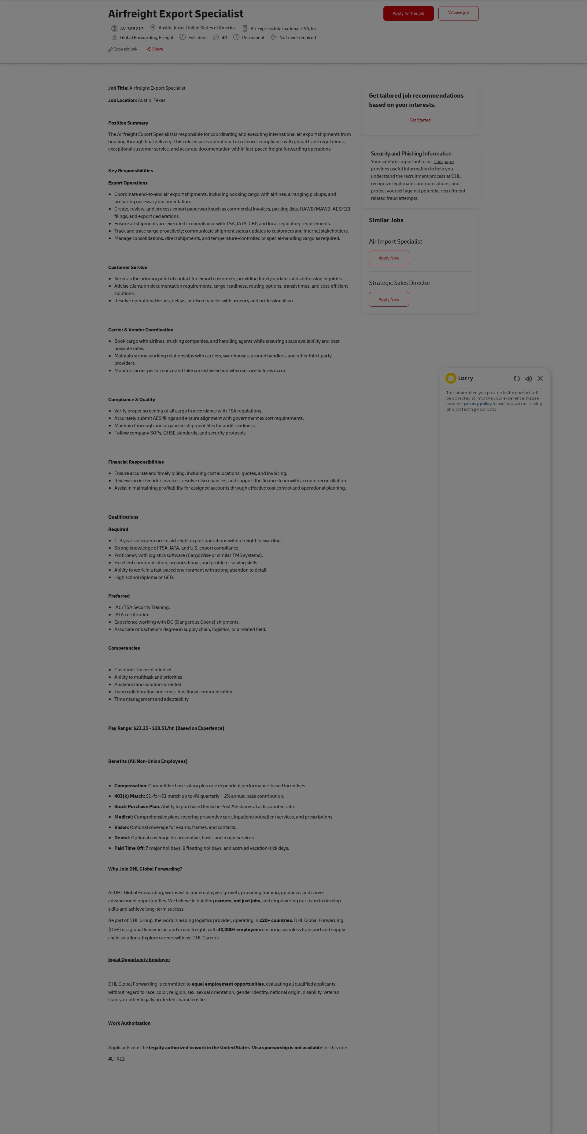 DHL Airfreight Export Specialist 채용공고