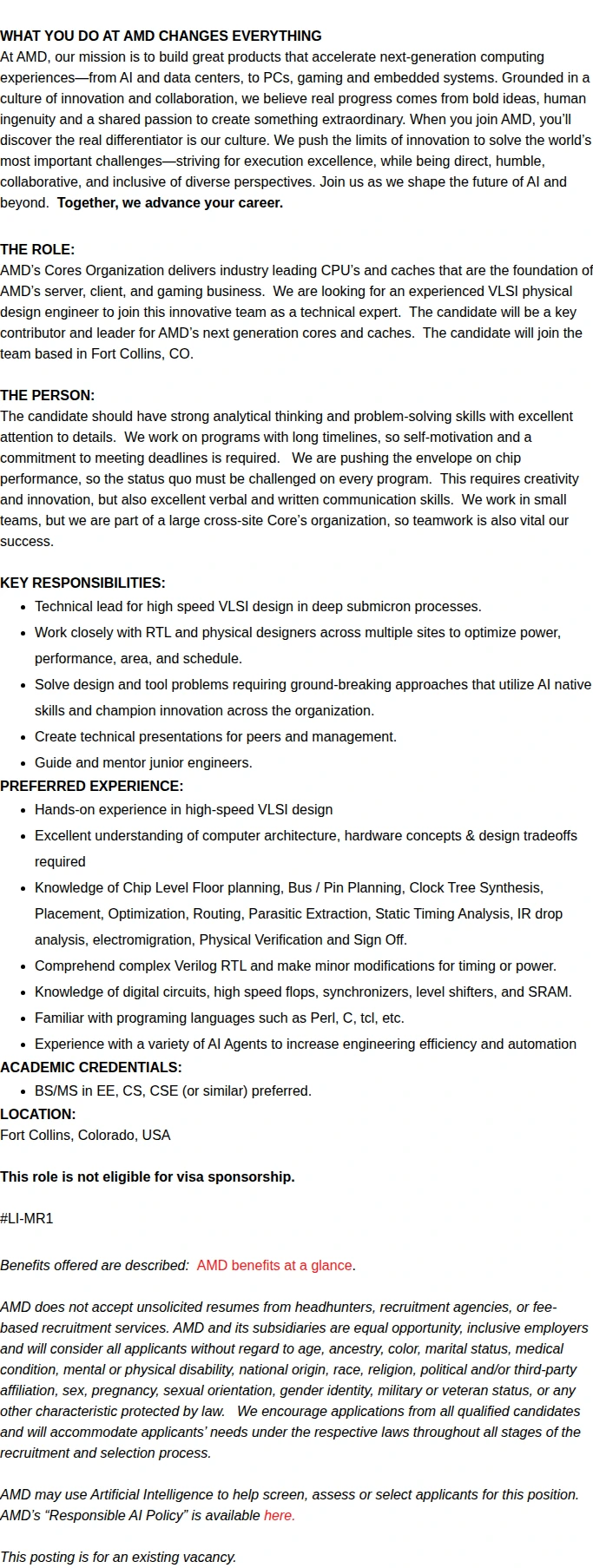 AMD Senior Microprocessor VLSI Physical Design Engineer 채용공고