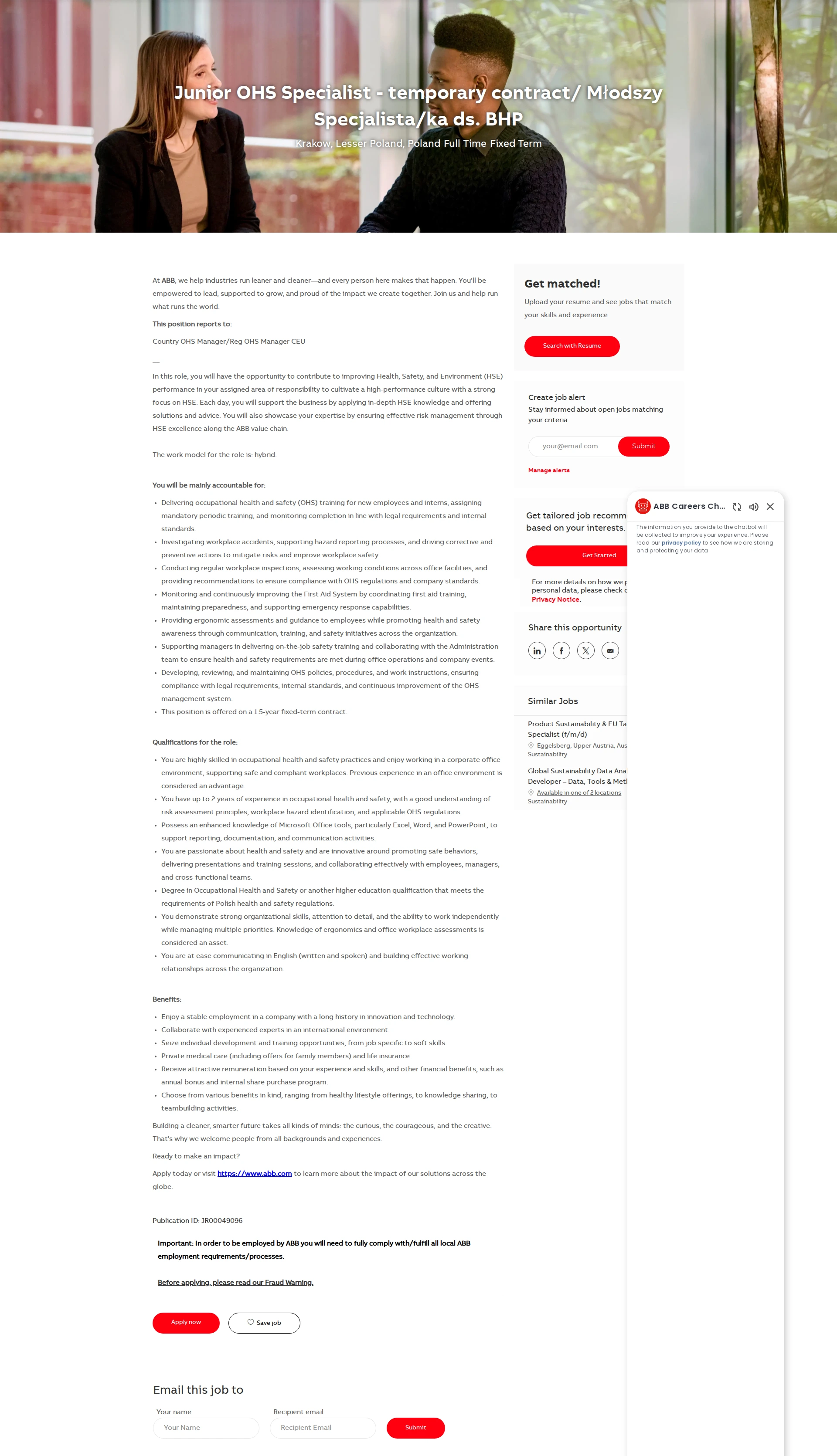 ABB코리아 Junior OHS Specialist - temporary contract/ Młodszy Specjalista/ka ds. BHP 채용공고