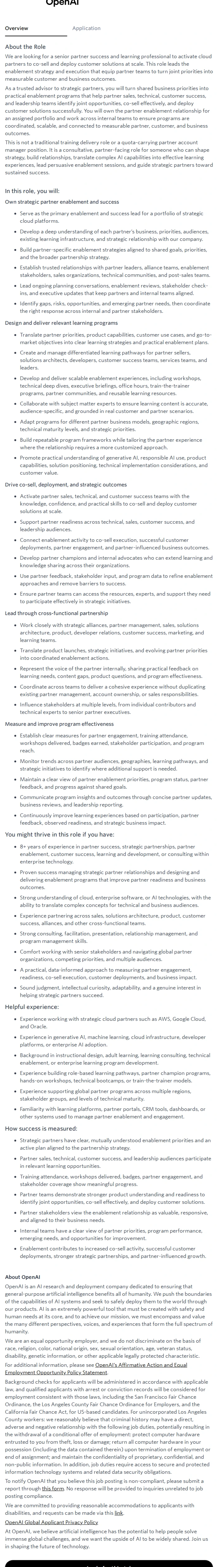 오픈에이아이(OpenAI) Strategic Cloud Partner Enablement Lead 채용공고