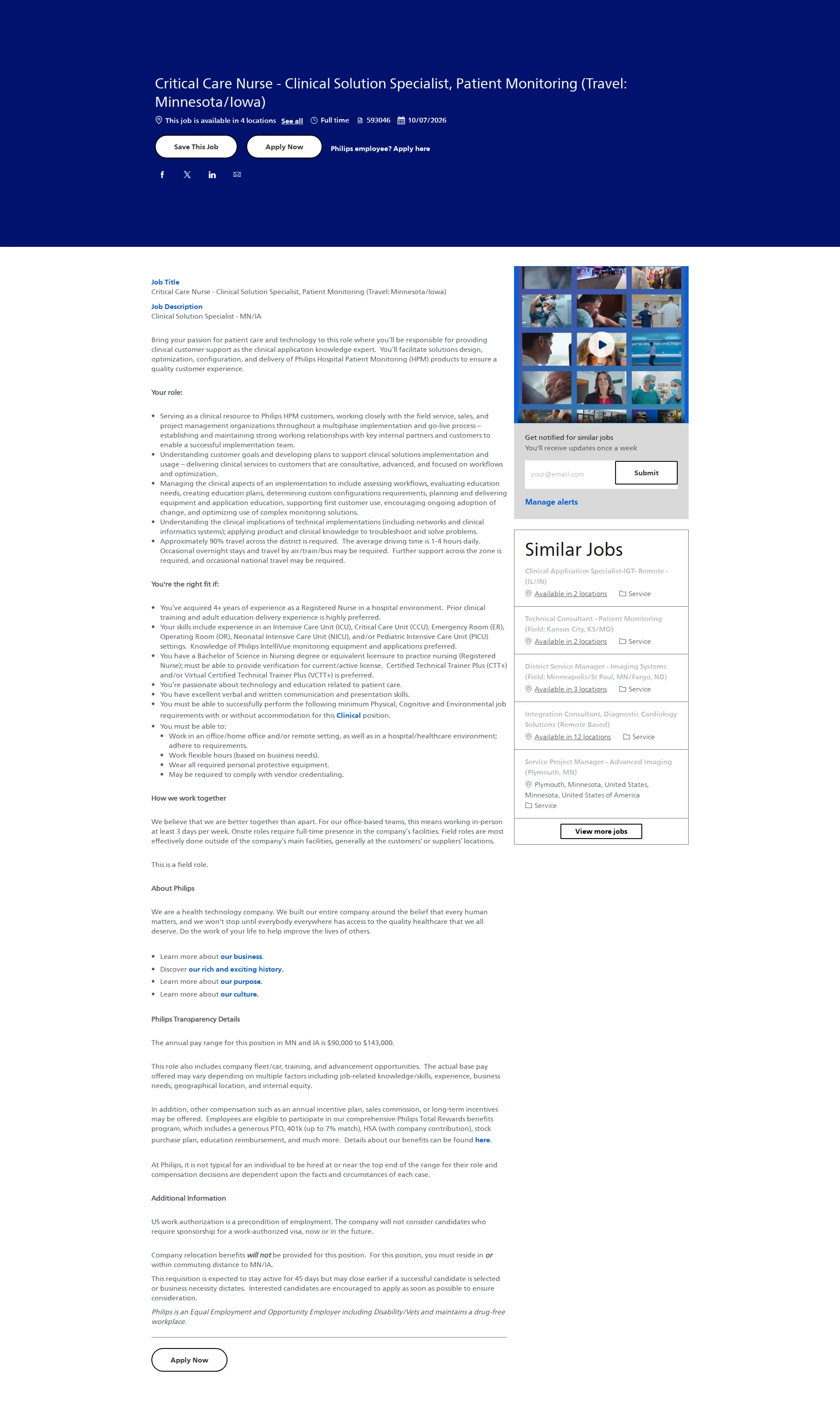 필립스 Critical Care Nurse - Clinical Solution Specialist, Patient Monitoring (Travel: Minnesota/Iowa) 채용공고