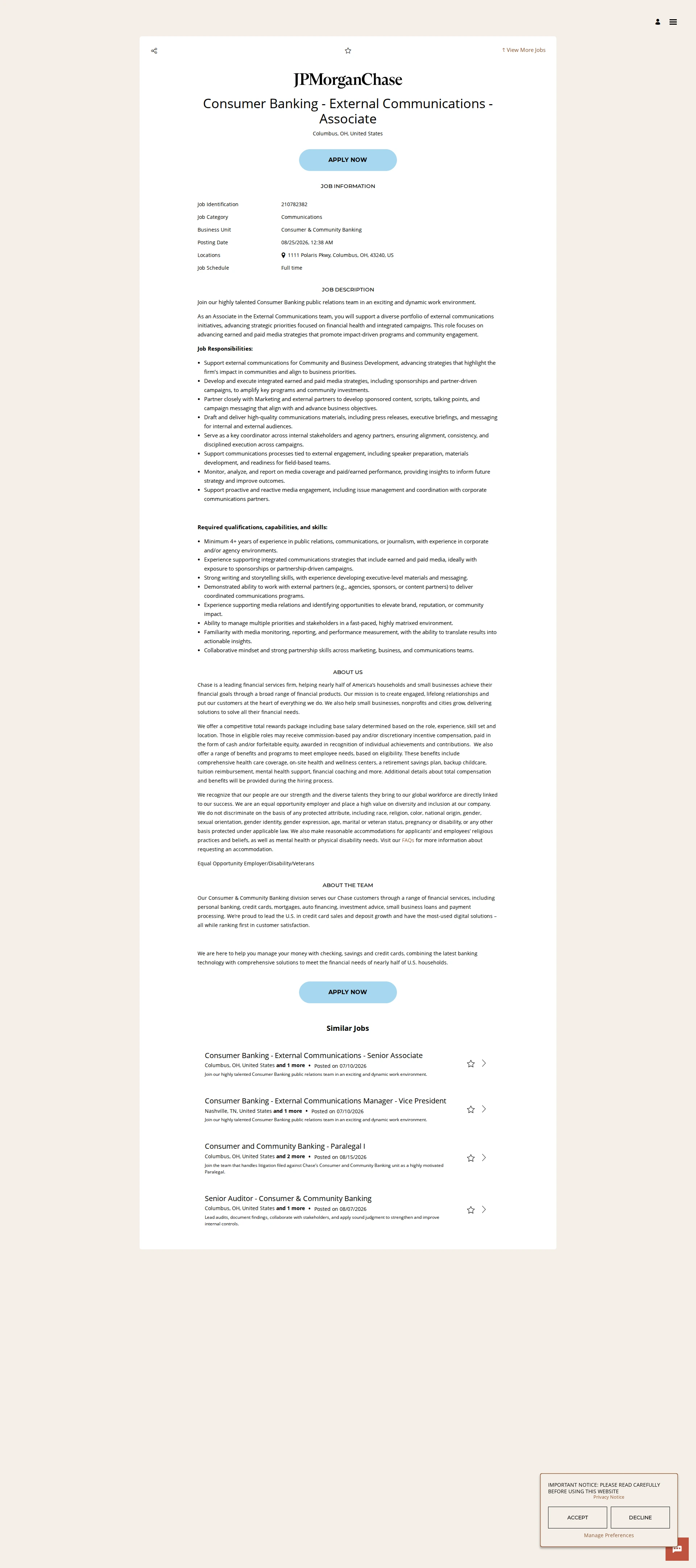 JPMorganChase Consumer Banking - External Communications - Associate 채용공고