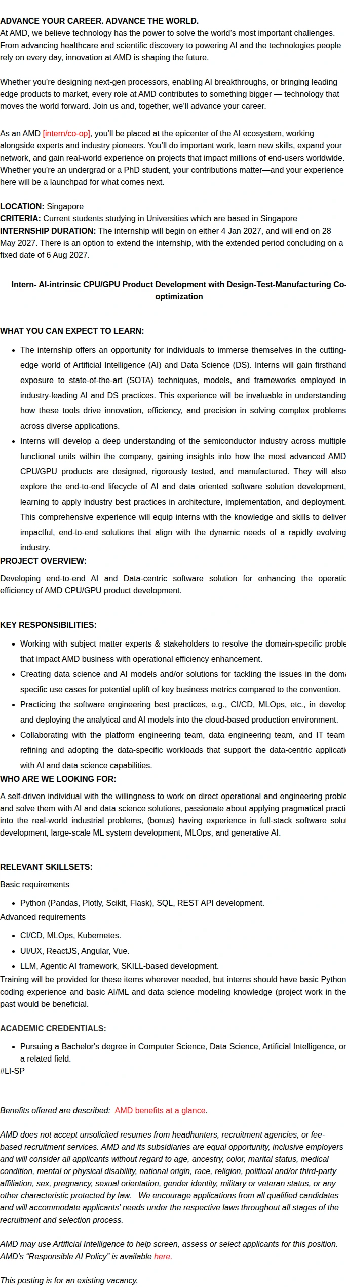 AMD AI-intrinsic CPU/GPU Product Development with Design-Test-Manufacturing Co-optimization Intern 채용공고