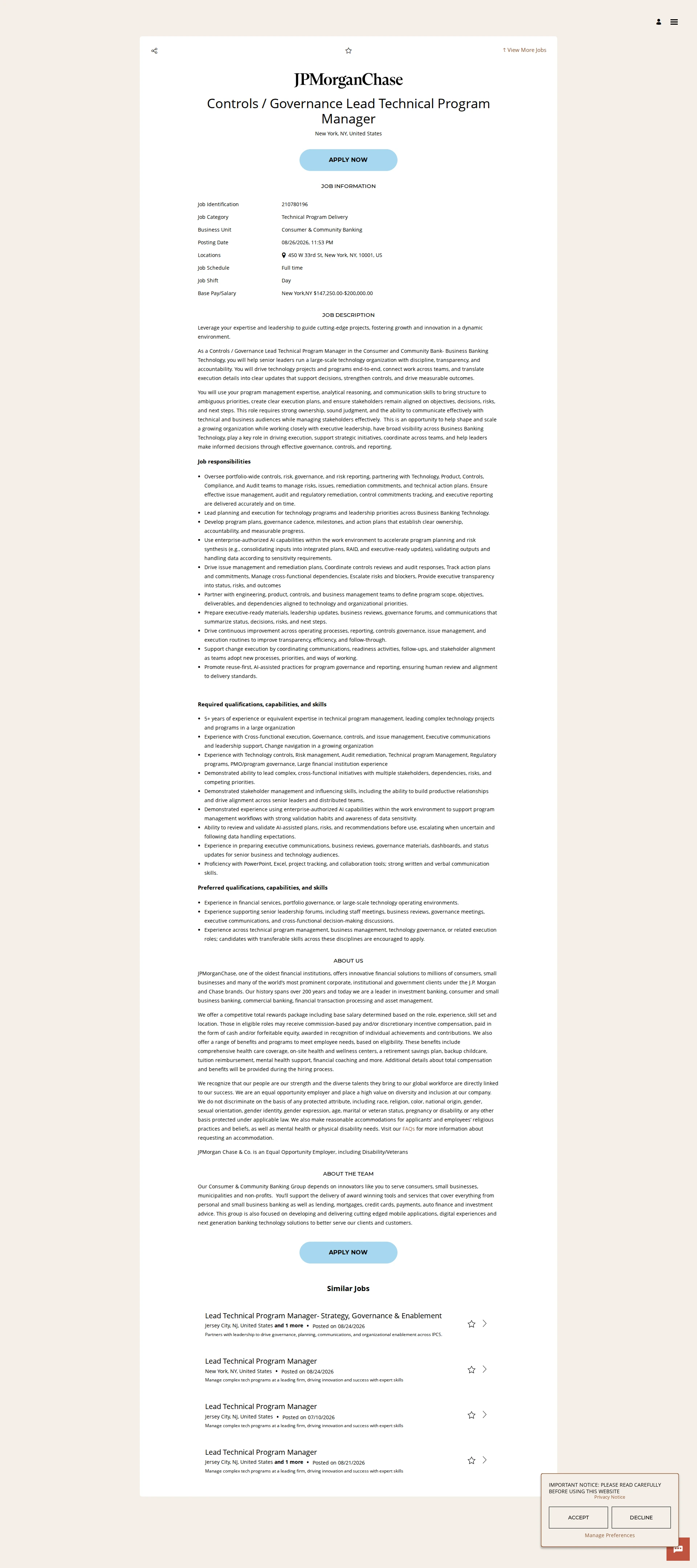 JPMorganChase Controls / Governance Lead Technical Program Manager 채용공고