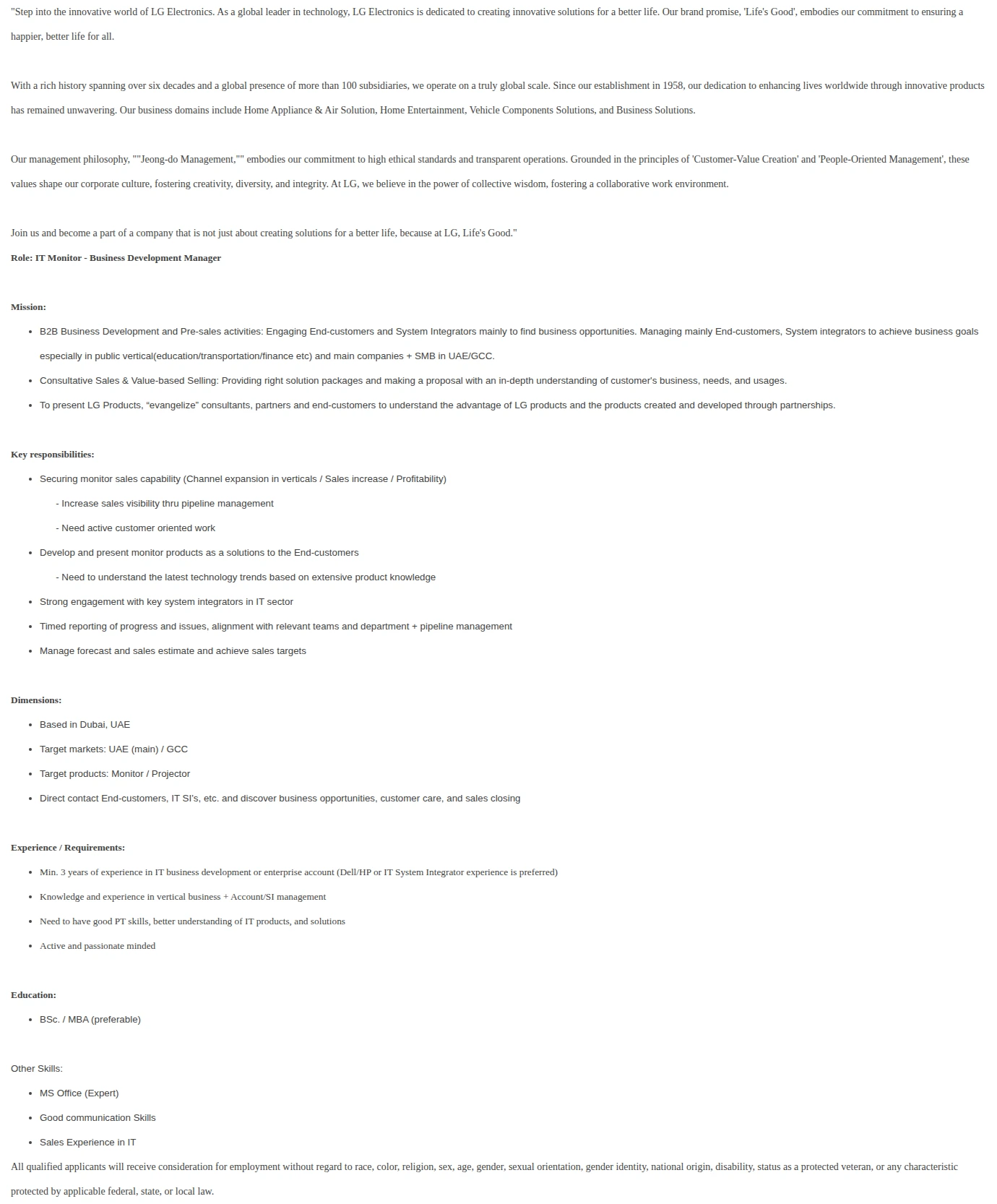 LG전자 IT Monitor - Business Development Manager 채용공고
