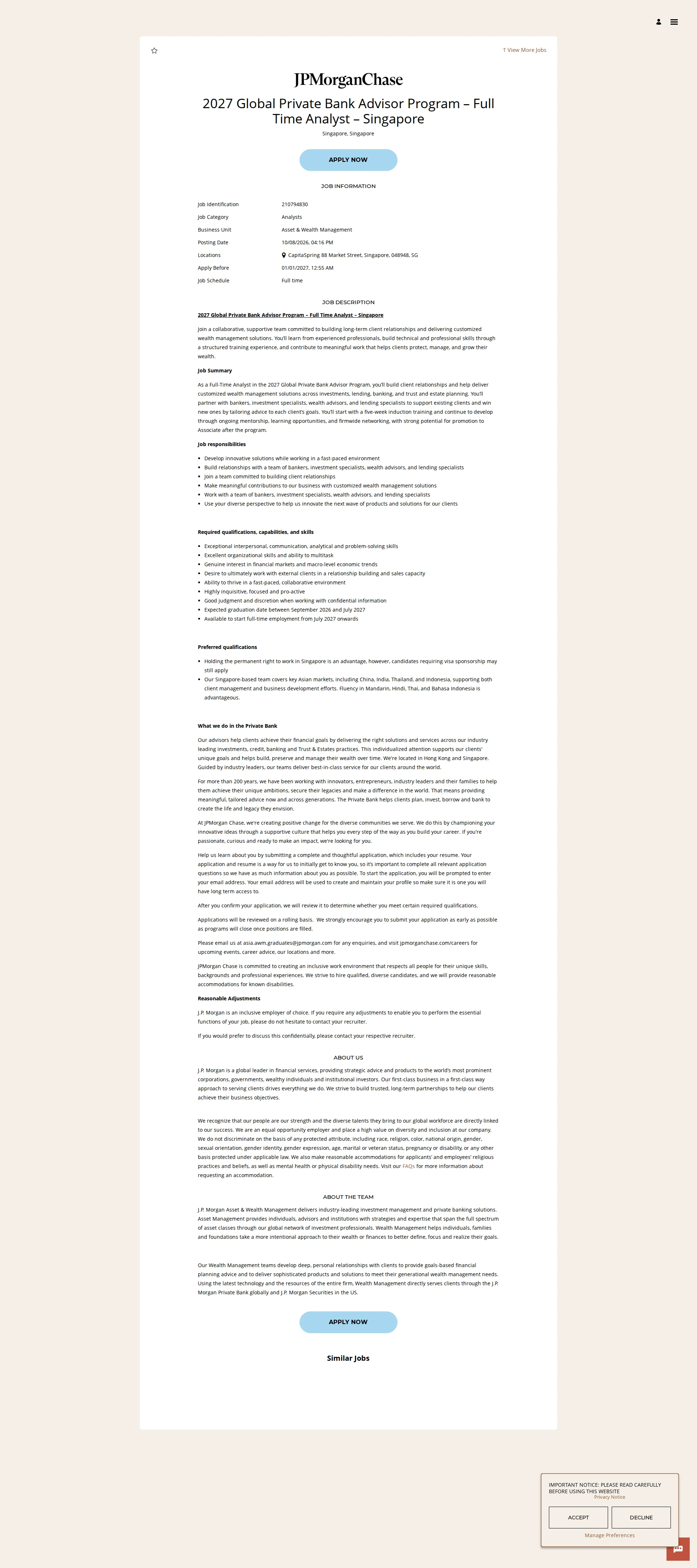 JPMorganChase 2027 Global Private Bank Advisor Program – Full Time Analyst – Singapore 채용공고