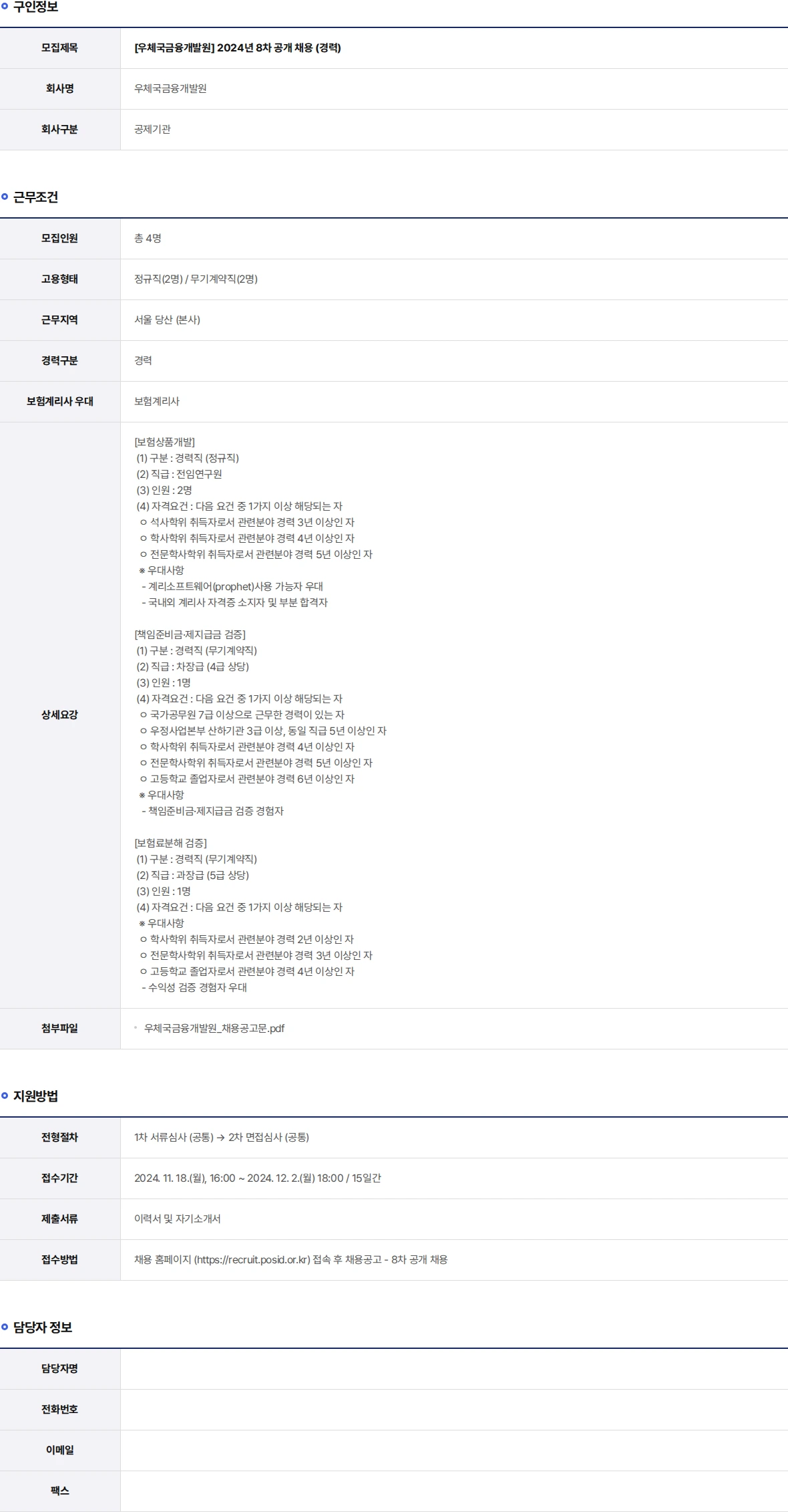우체국금융개발원 2024년 8차 공개 채용 (경력) 채용공고