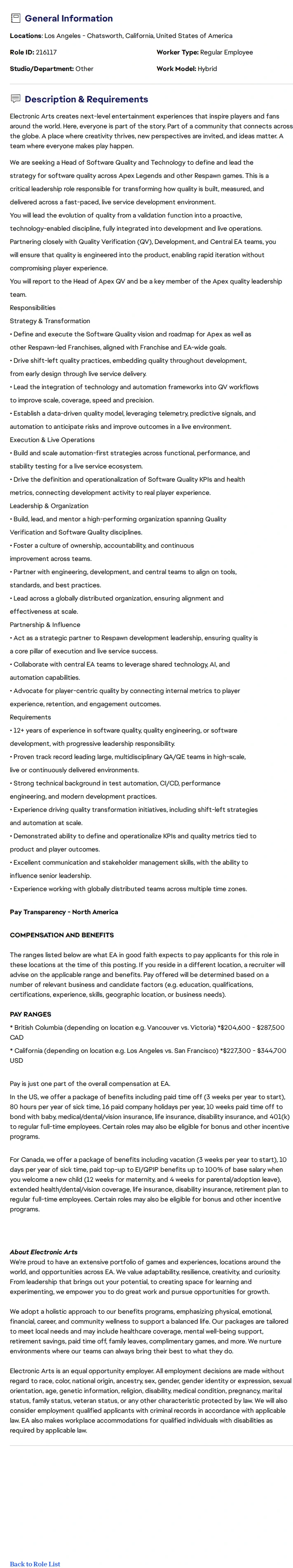 ElectronicArts Head of Software Quality and Technology for Respawn 채용공고