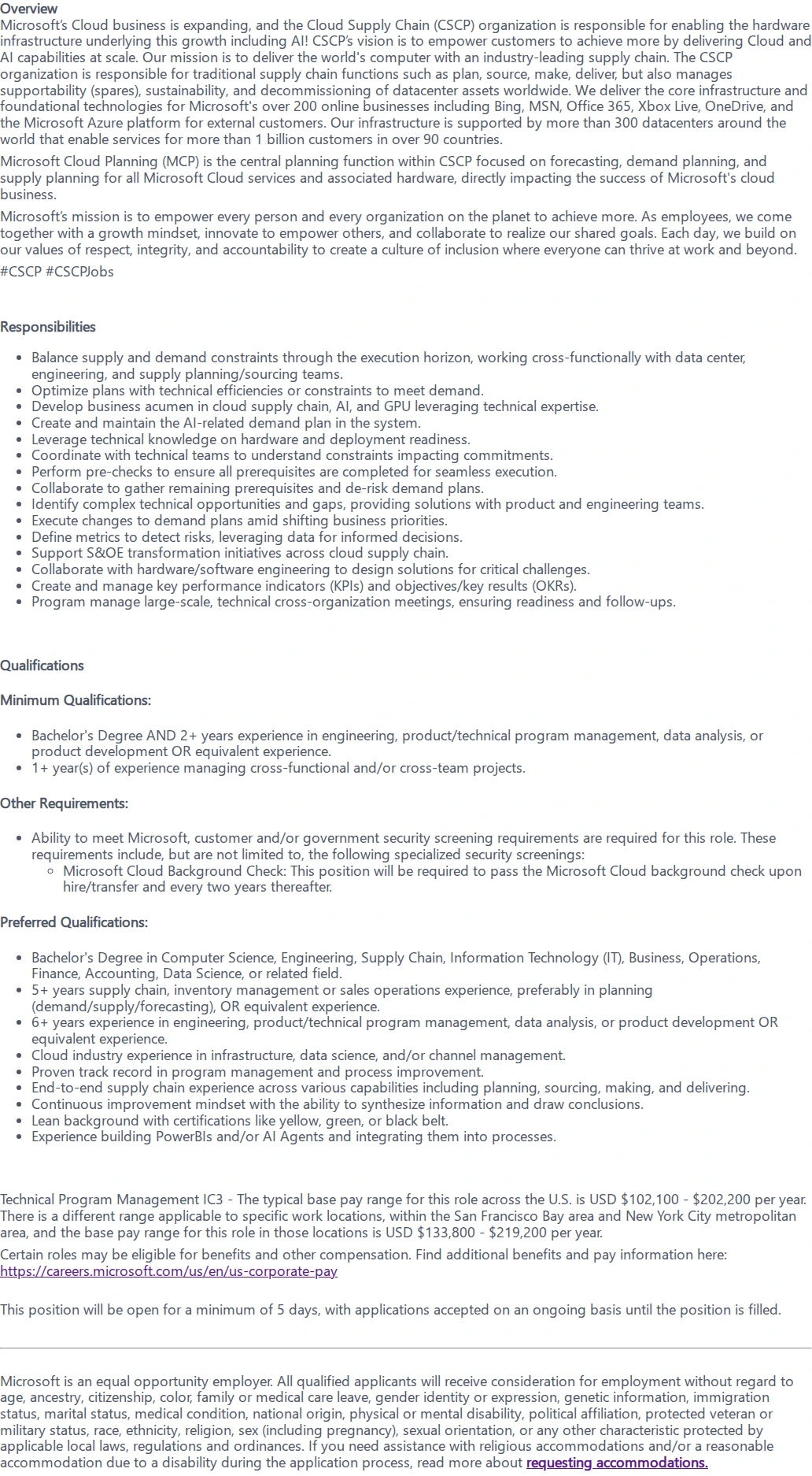 마이크로소프트(Microsoft) AI Capacity Planner - Technical Program Manager II 채용공고
