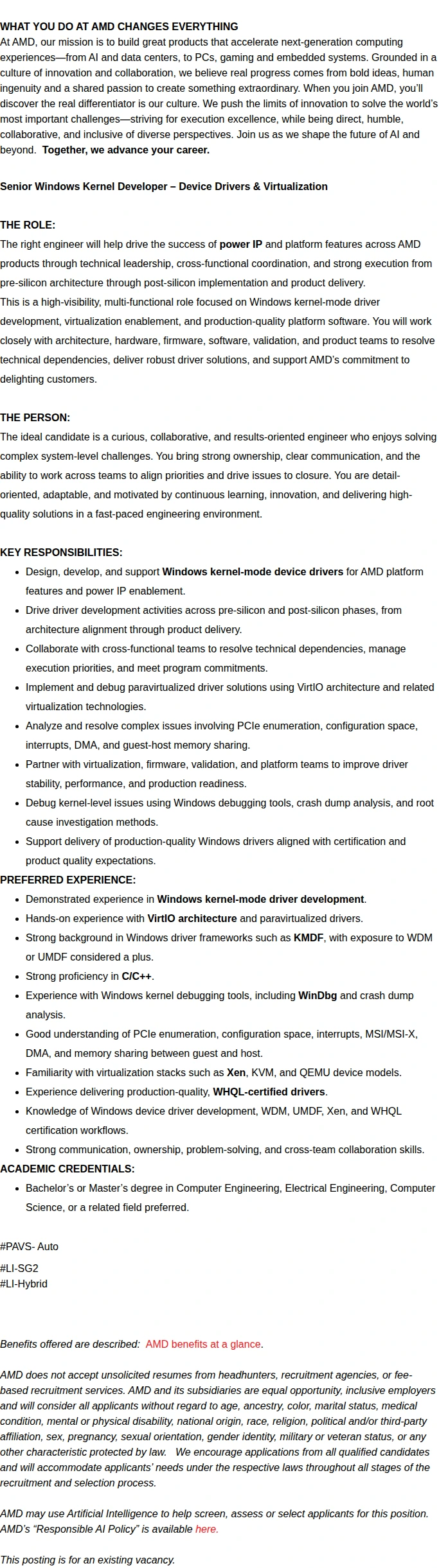 AMD Senior Windows Kernel Developer – Device Drivers & Virtualization 채용공고