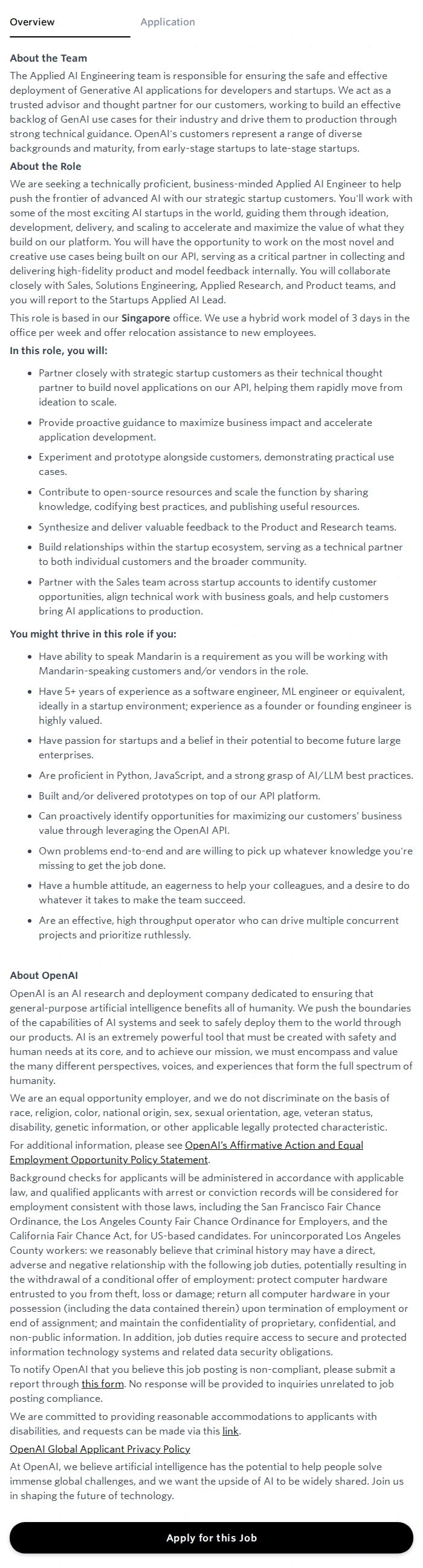 오픈에이아이(OpenAI) Applied AI Engineer, Startups (Mandarin-speaking) 채용공고